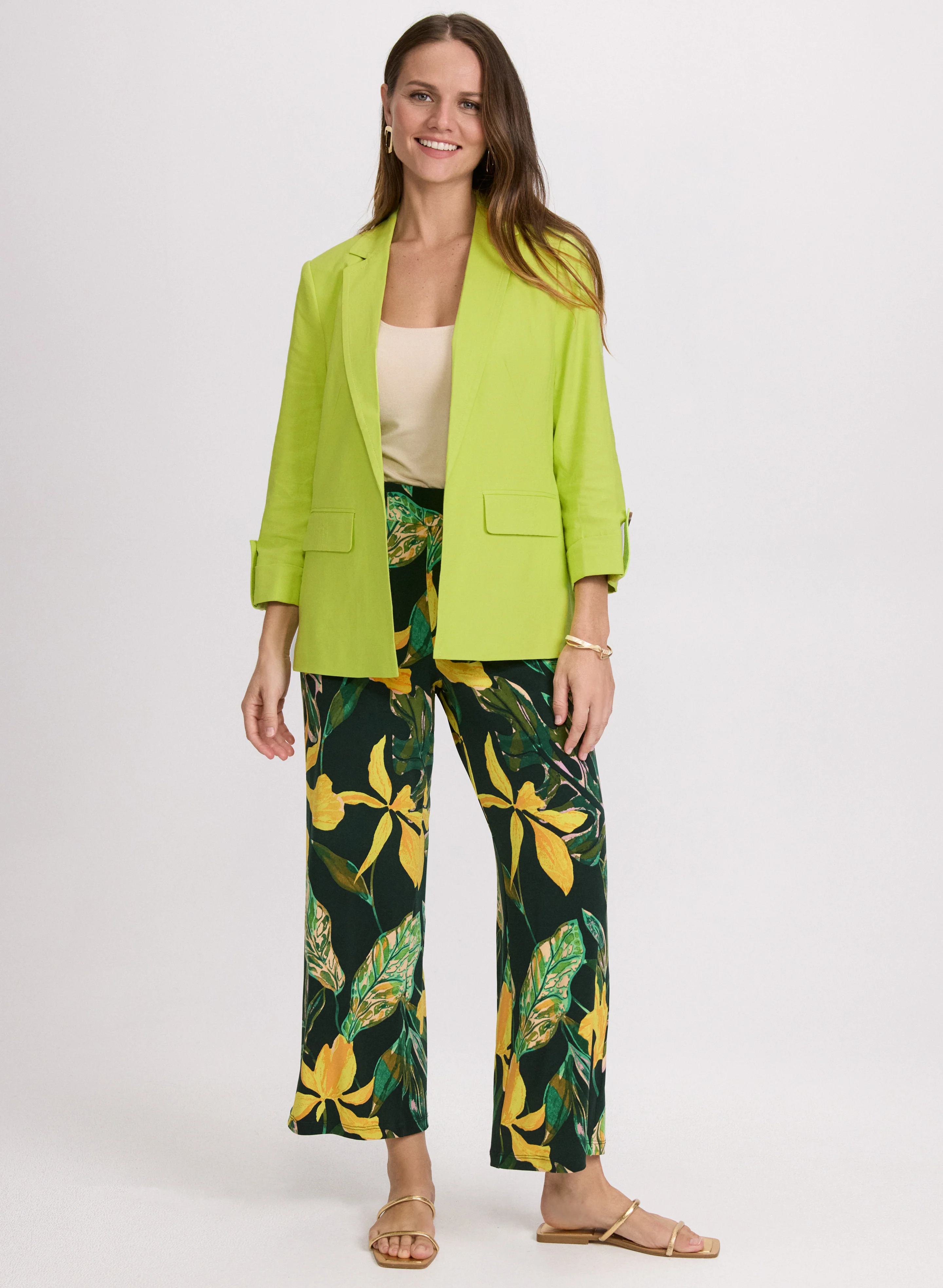 Linen-Blend Blazer & Olivia Palm Print Pants