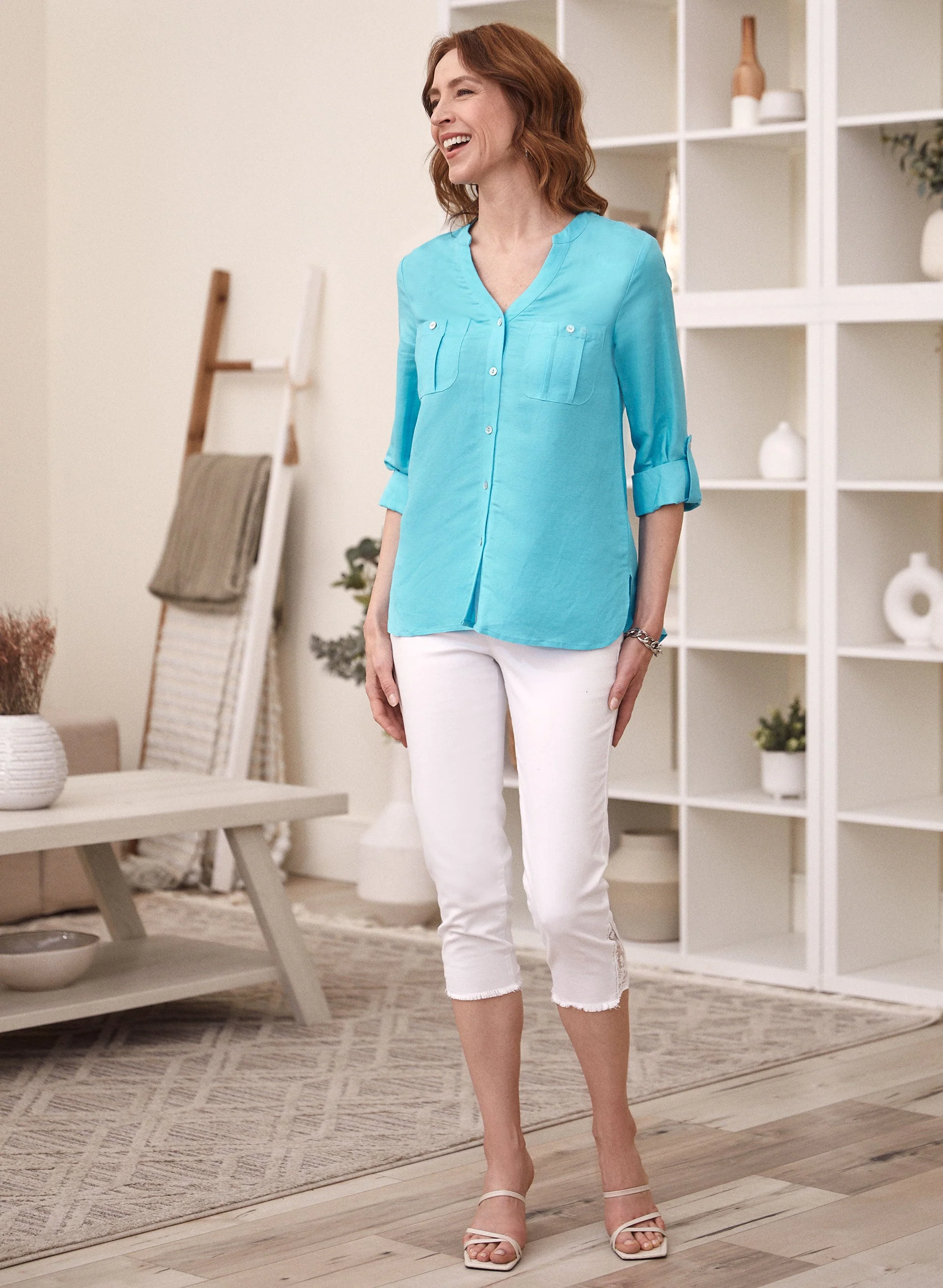 Linen Blend Button Front Blouse - Image 3