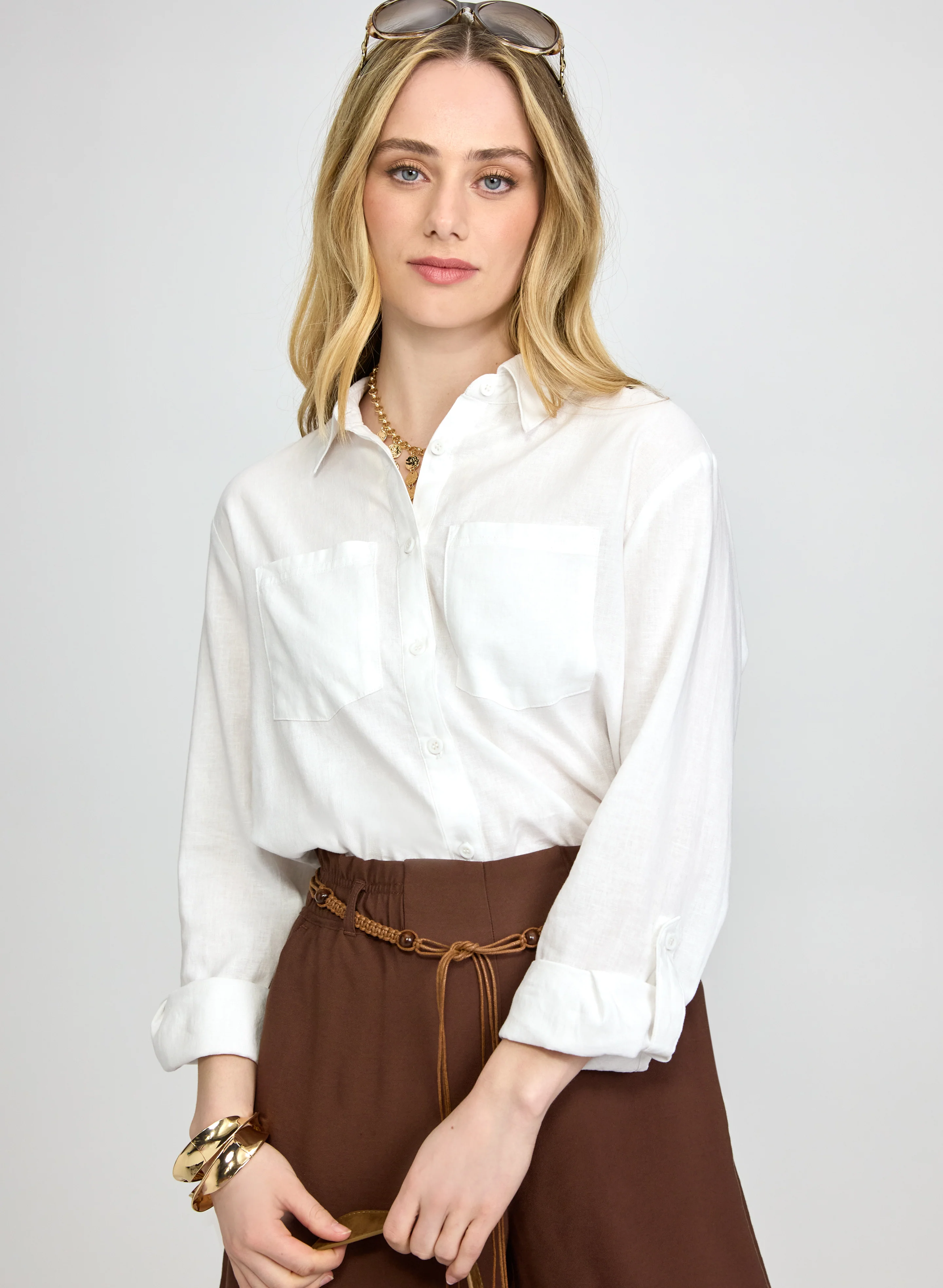 Linen-Blend Button-Down Blouse
