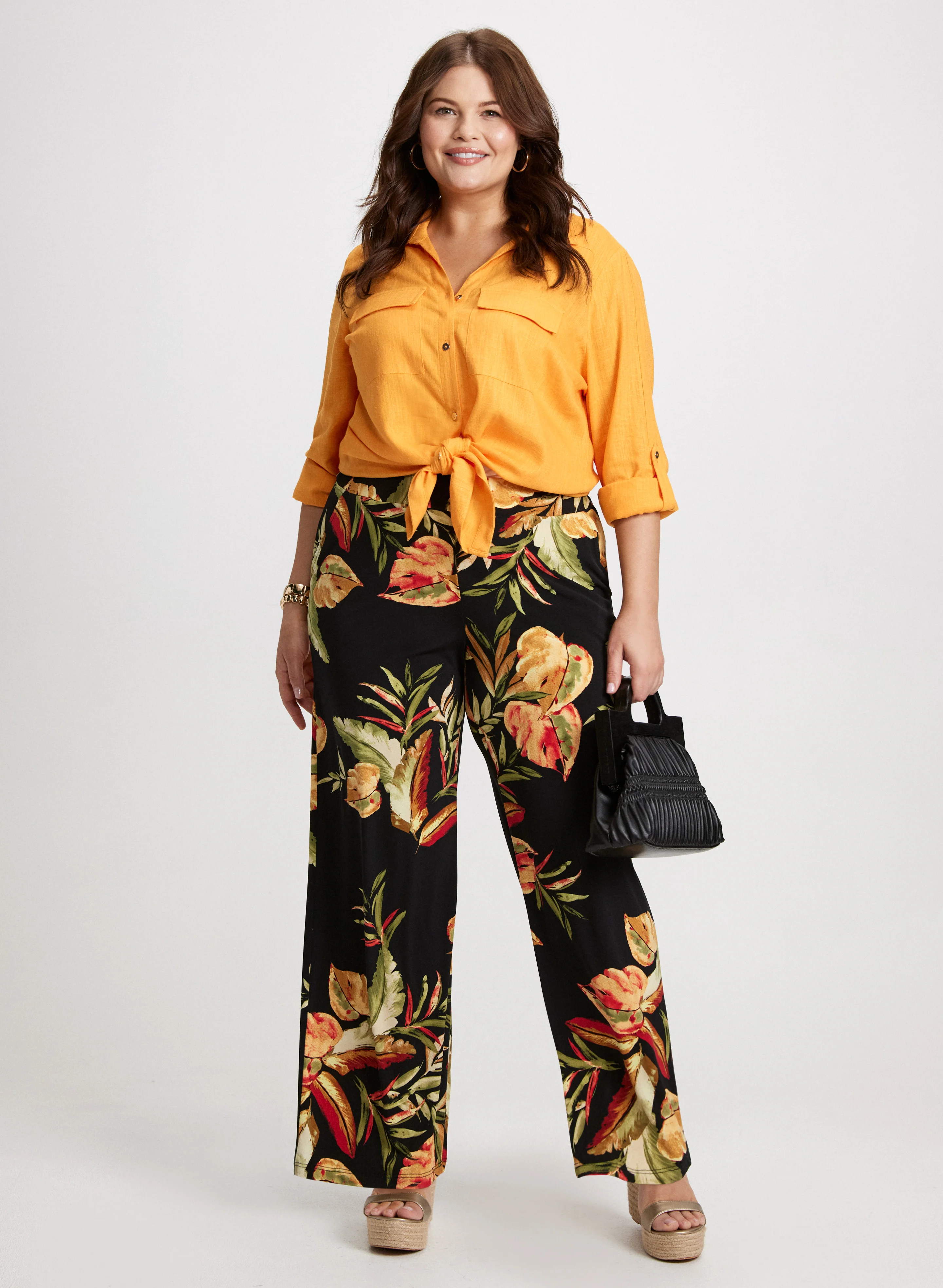 Linen Blend Shirt & Tropical Wide Leg Pants