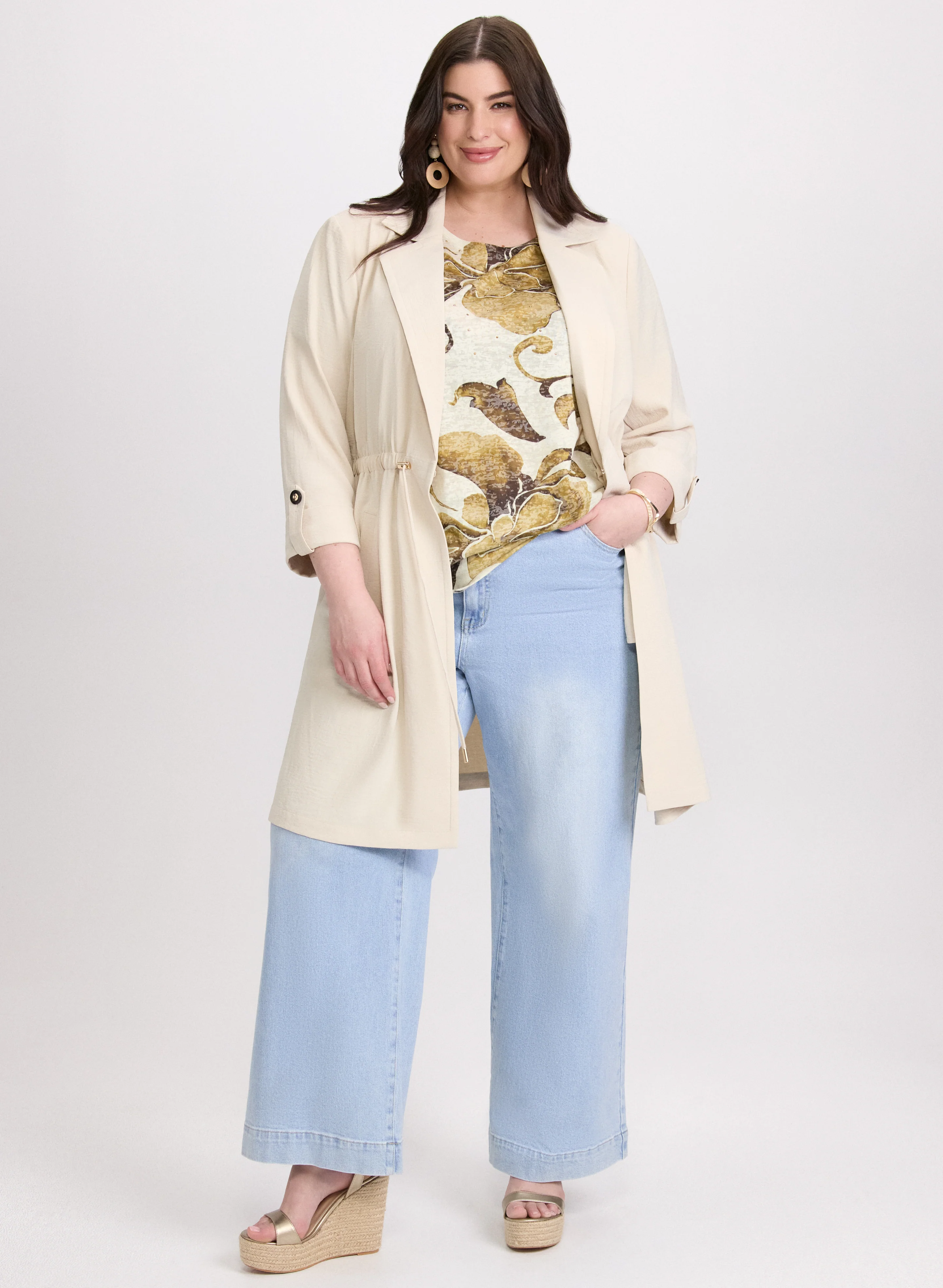 Long Drawstring Waist Jacket & Wide-Leg Jeans