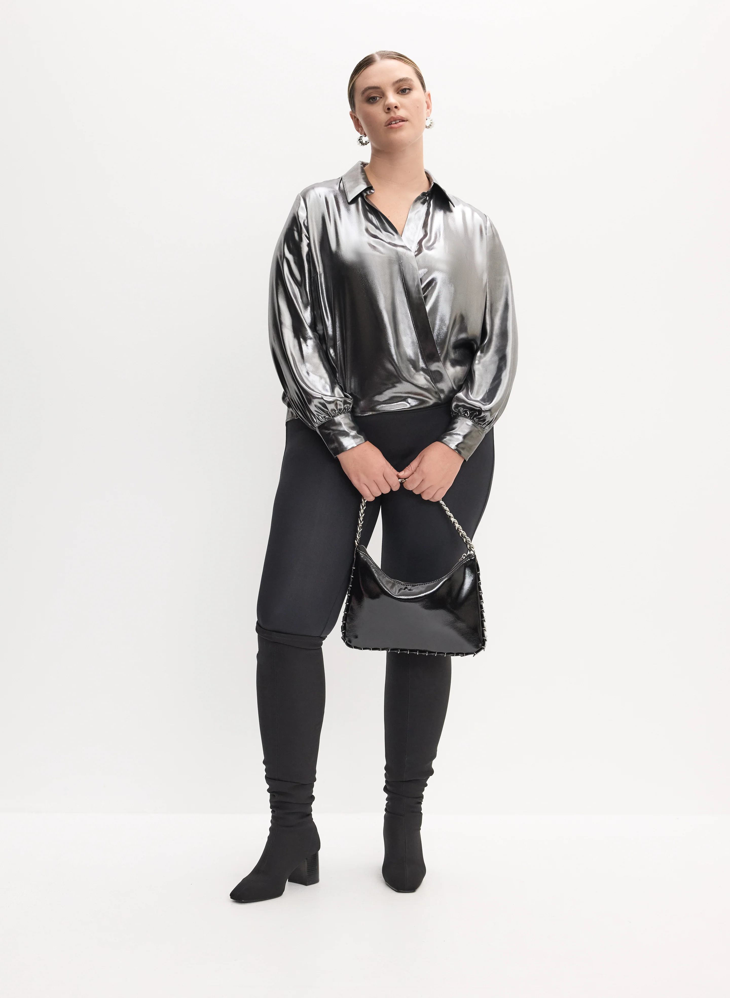 Metallic Long Sleeve Blouse & Vegan Leather Leggings