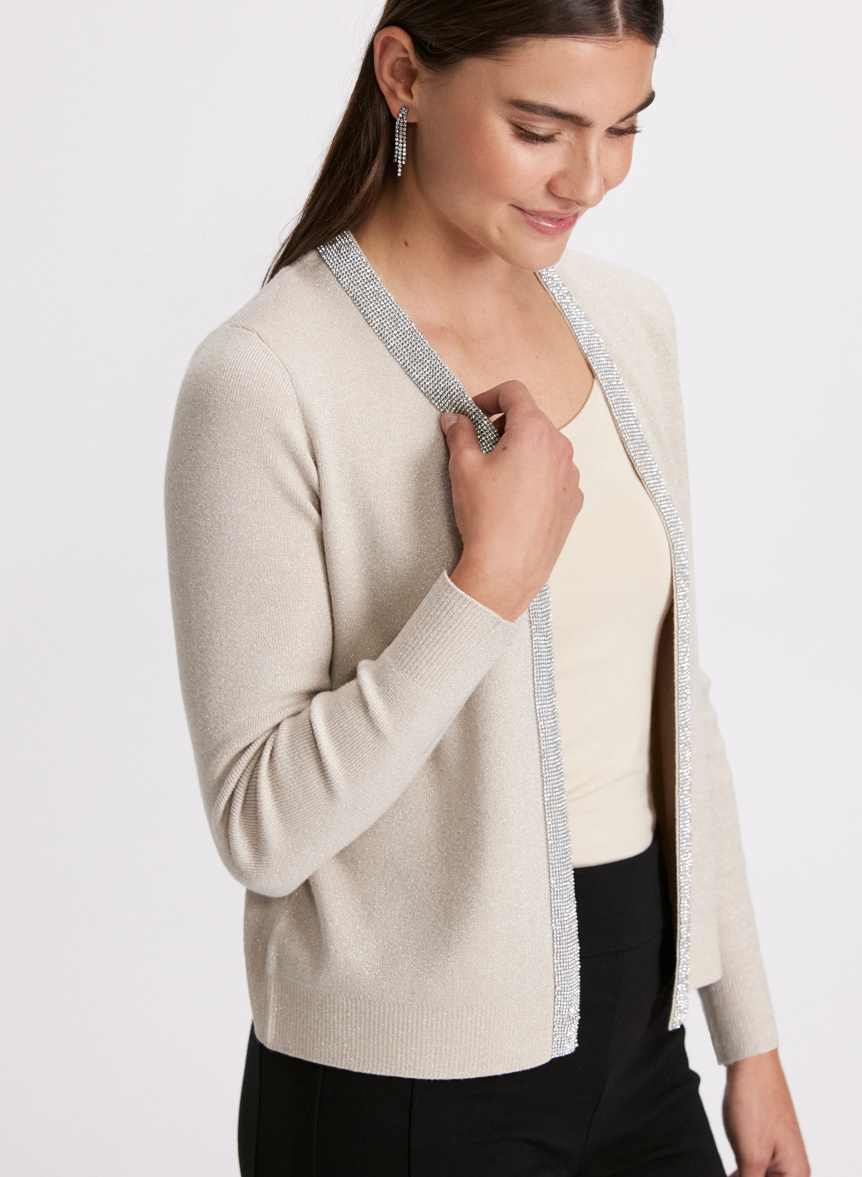 Metallic Rhinestone Trim Cardigan - Image 5