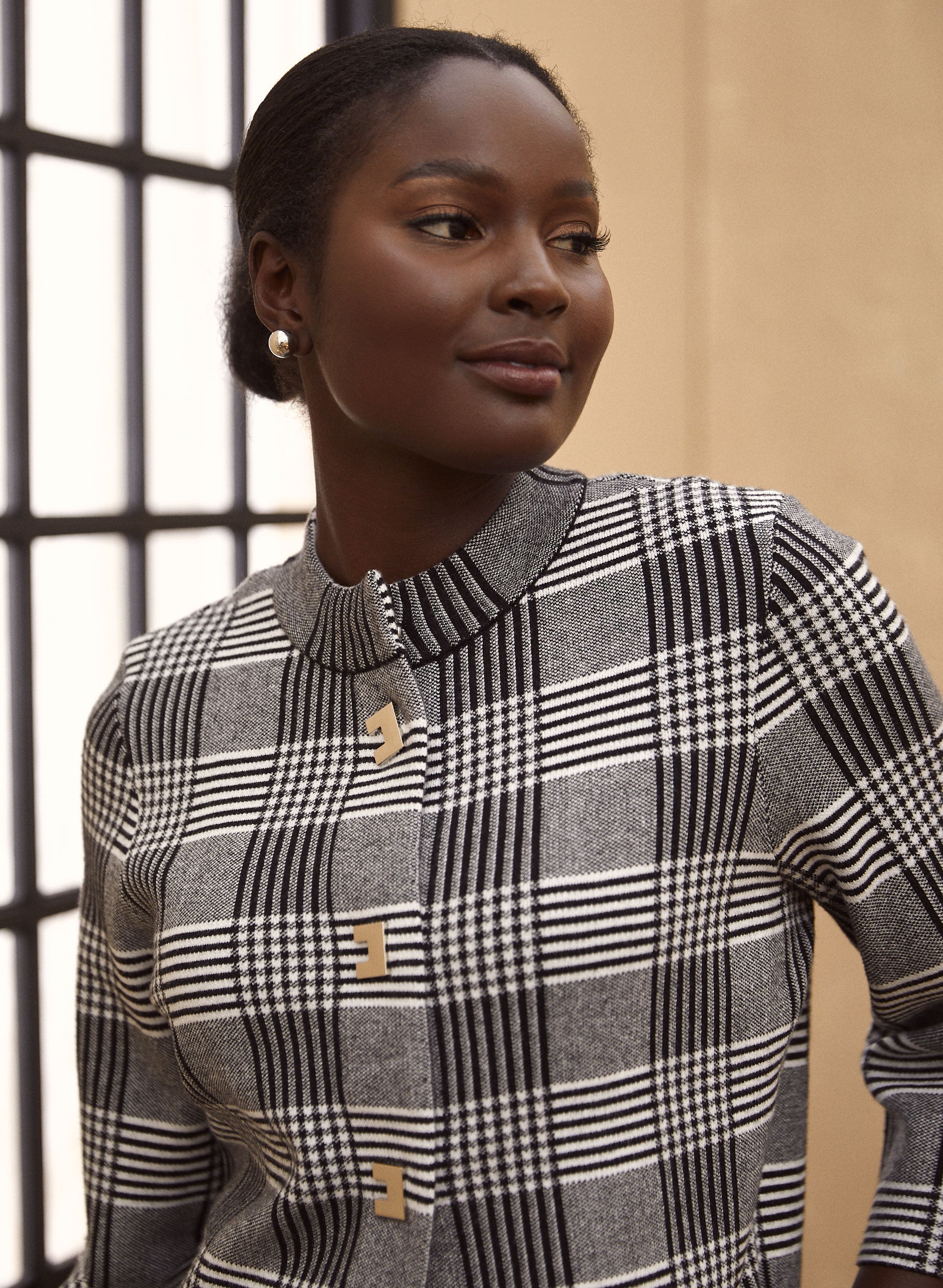Mock Neck Plaid Cardigan - Image 2