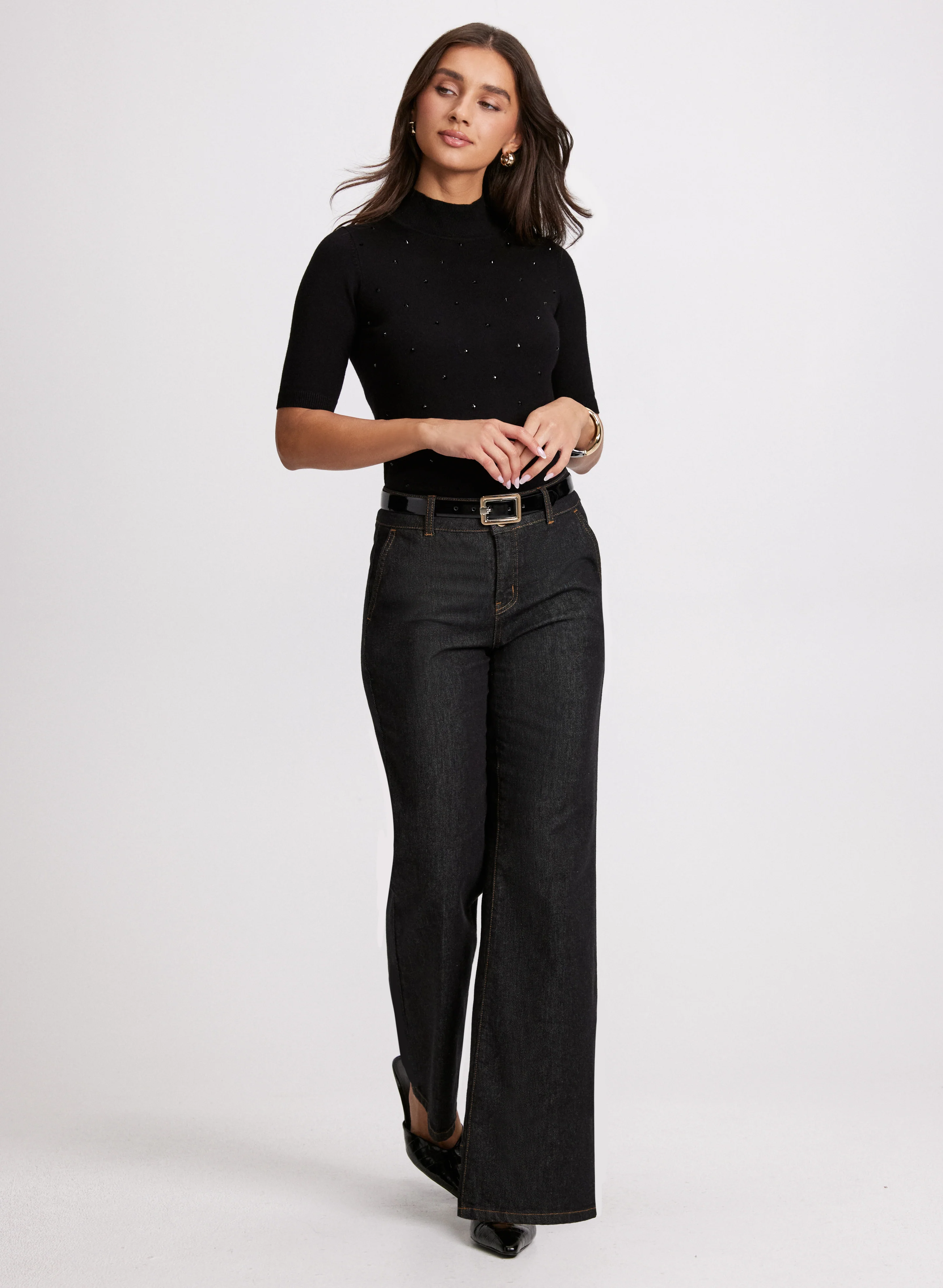 Mock Neck Rhinestone Detail Sweater - Image 3