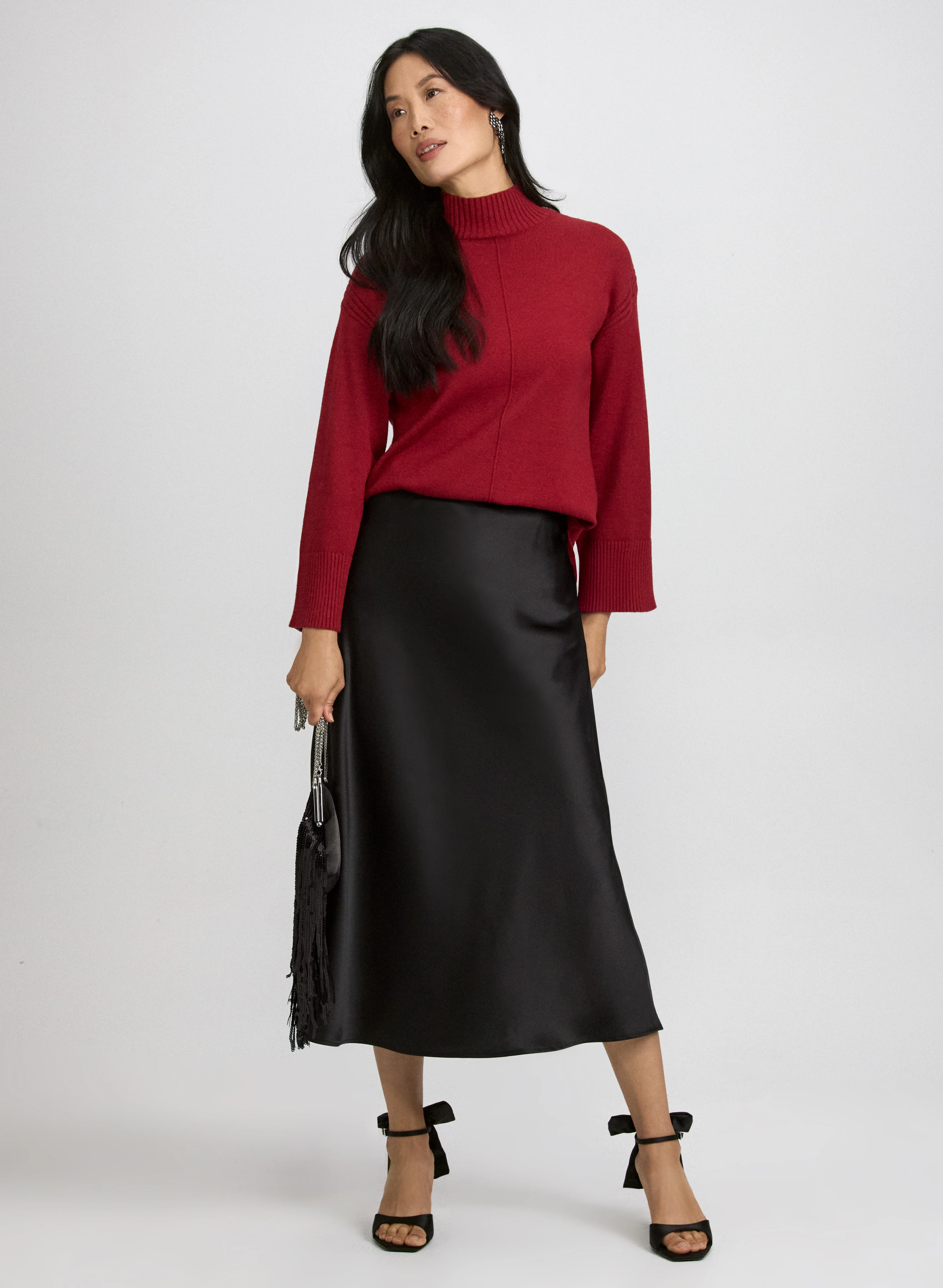 Mock Neck Sweater & Satin Bias Cut Skirt
