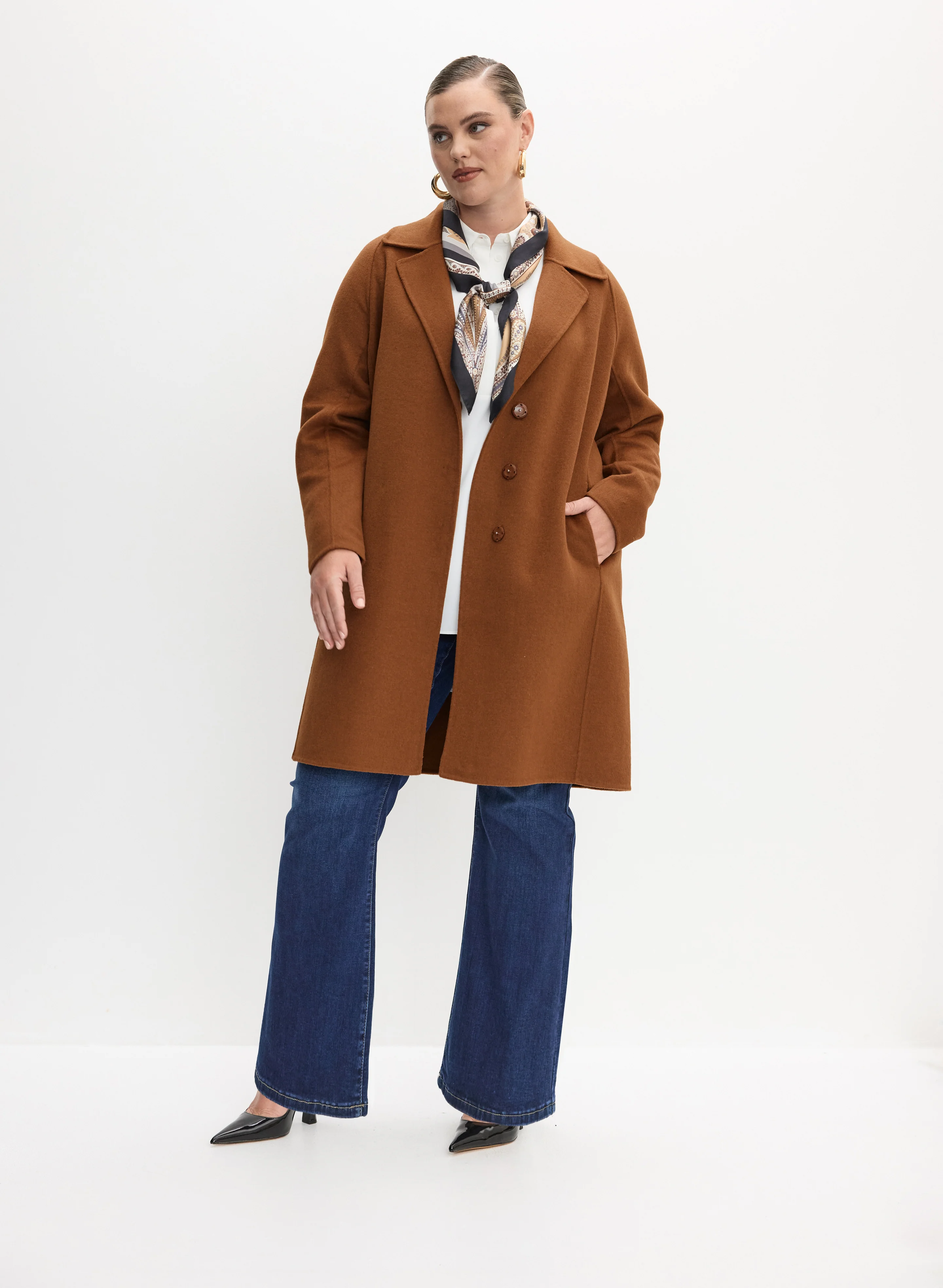 Notch Collar Wool-Blend Coat & Pull-On Flare-Leg Jeans