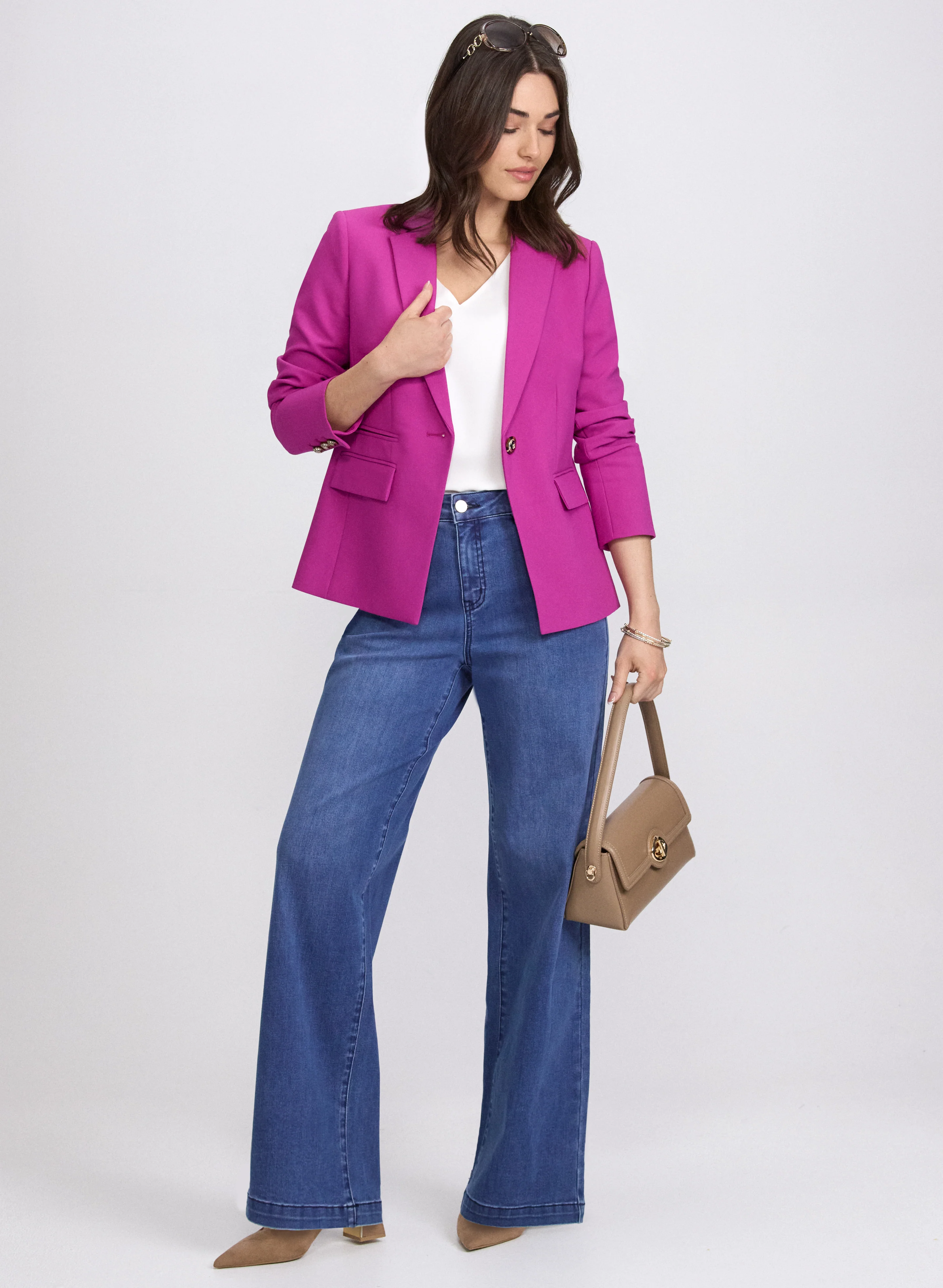 Notched Lapel Blazer & Braided Trim Wide-Leg Pants