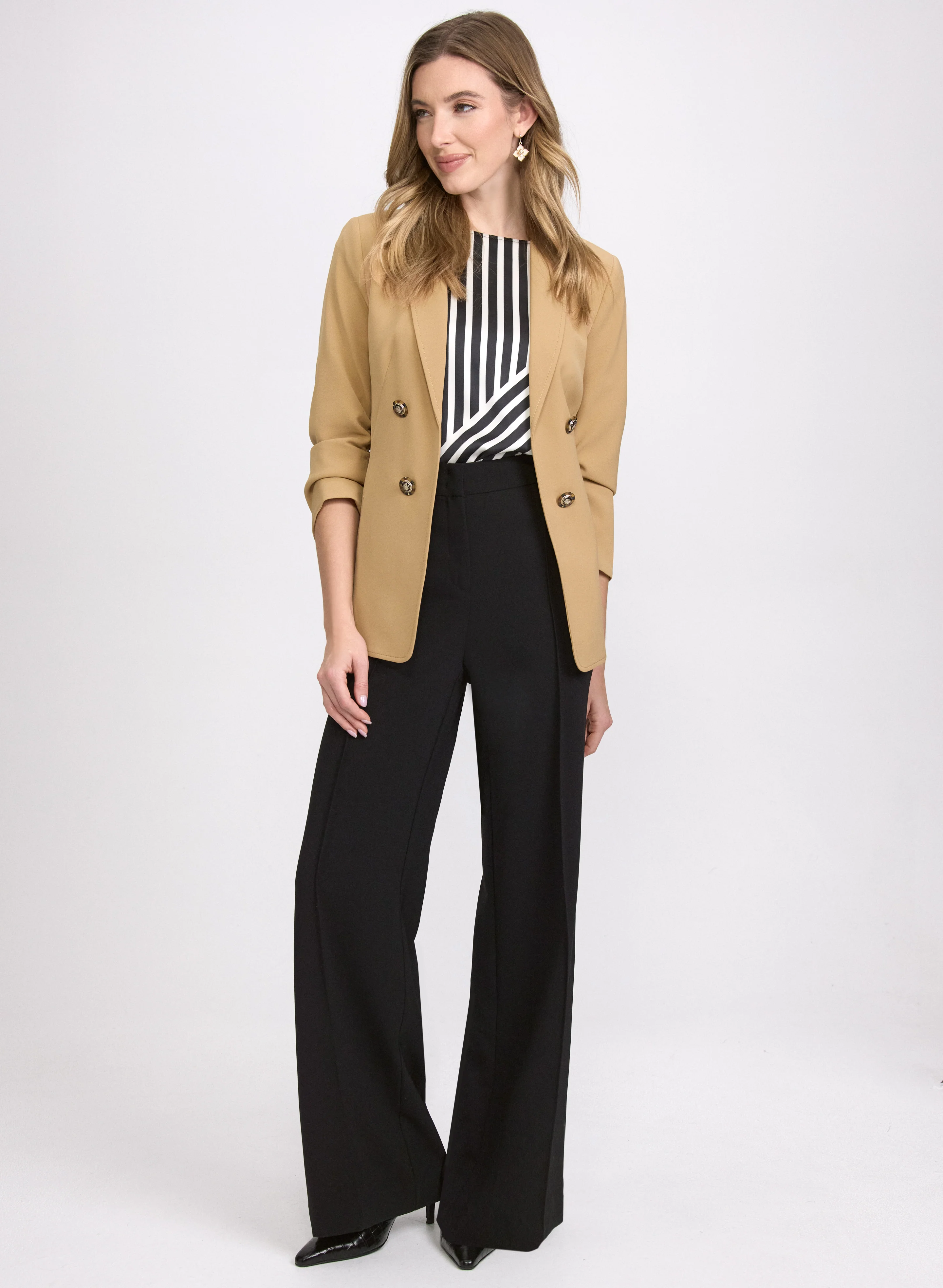 Notched Lapel Jacket, Stripe Top & Denim Pants