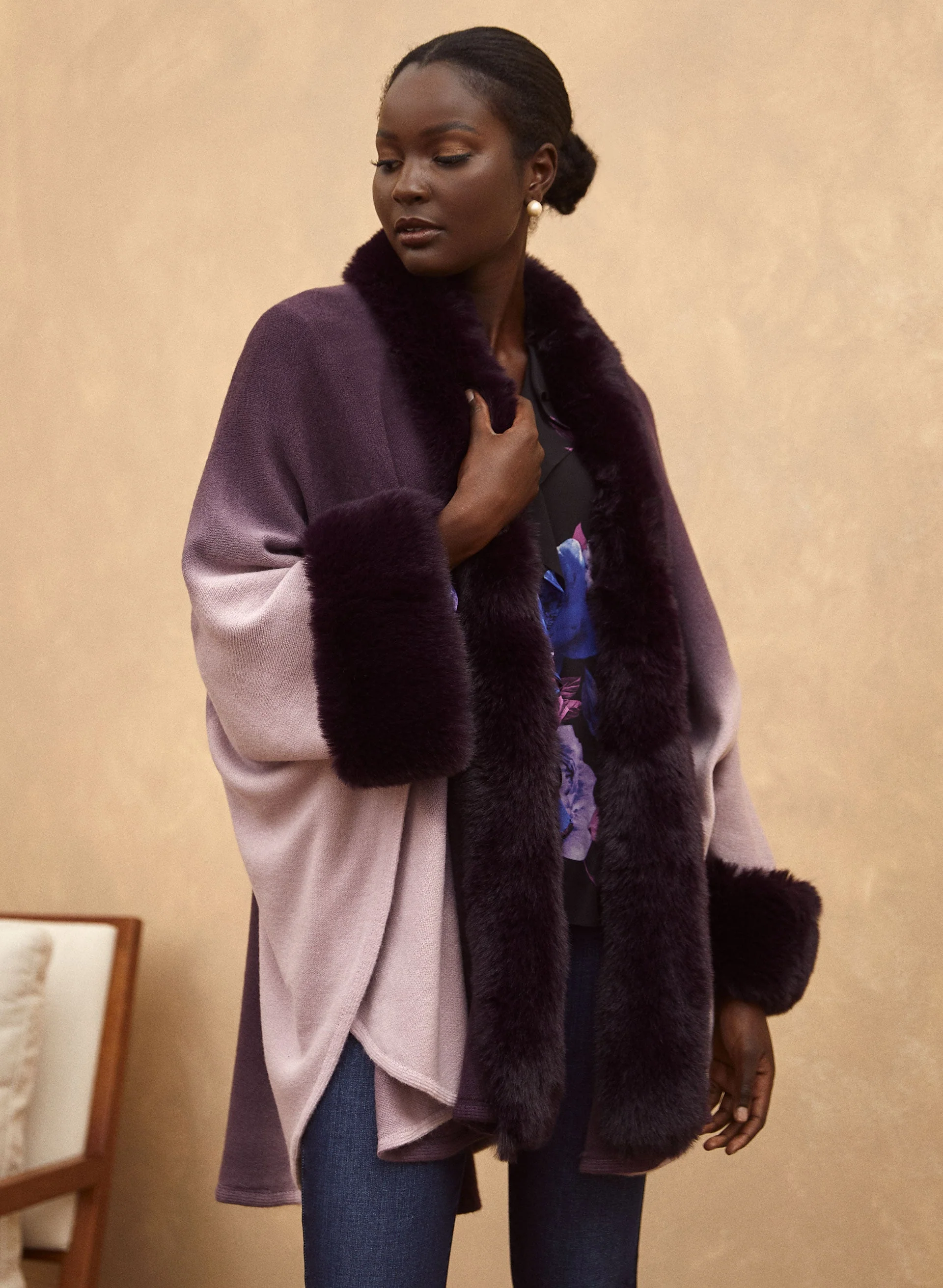 Ombré Faux Fur Trim Cape