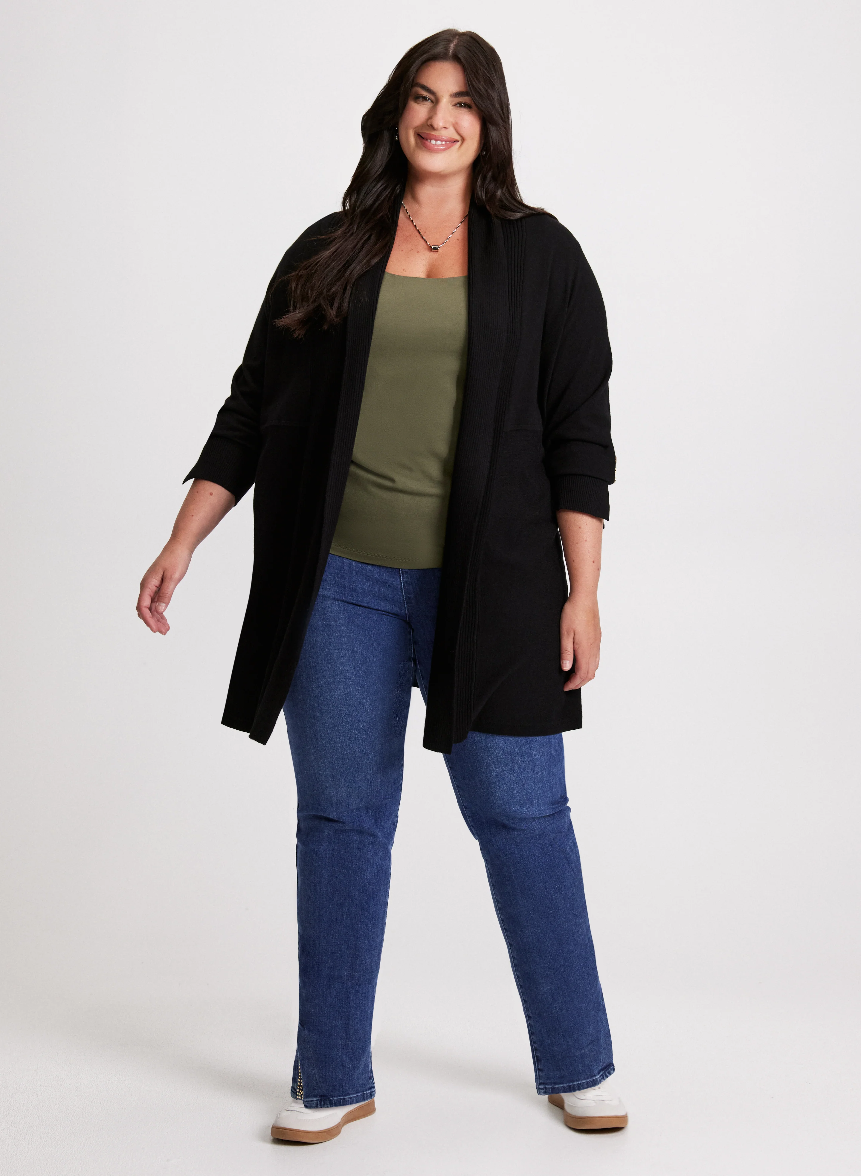 Open-Front Cardigan & Slit Hem Pull-On Jeans