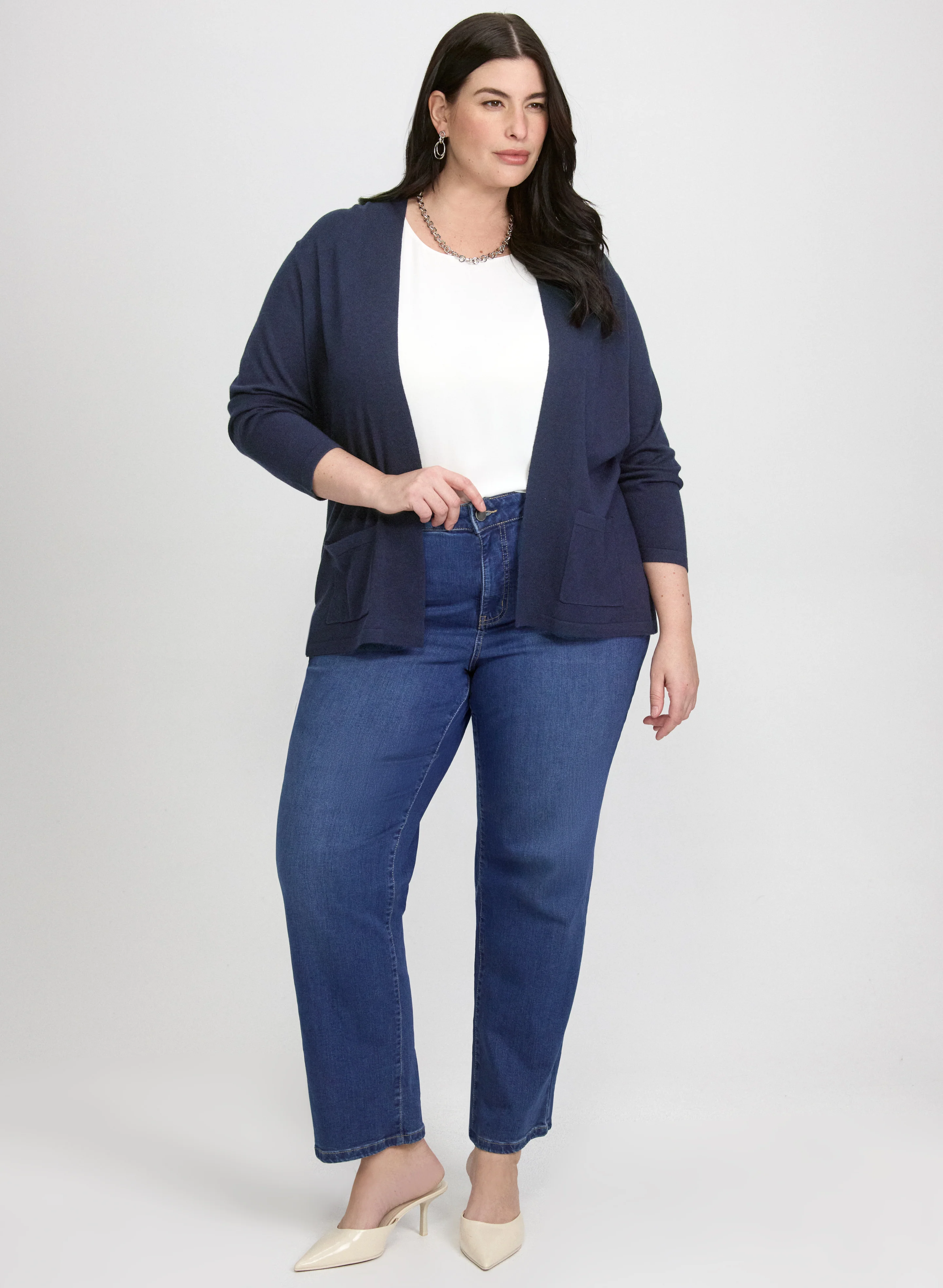 Open-Front Cardigan & Straight-Leg Jeans