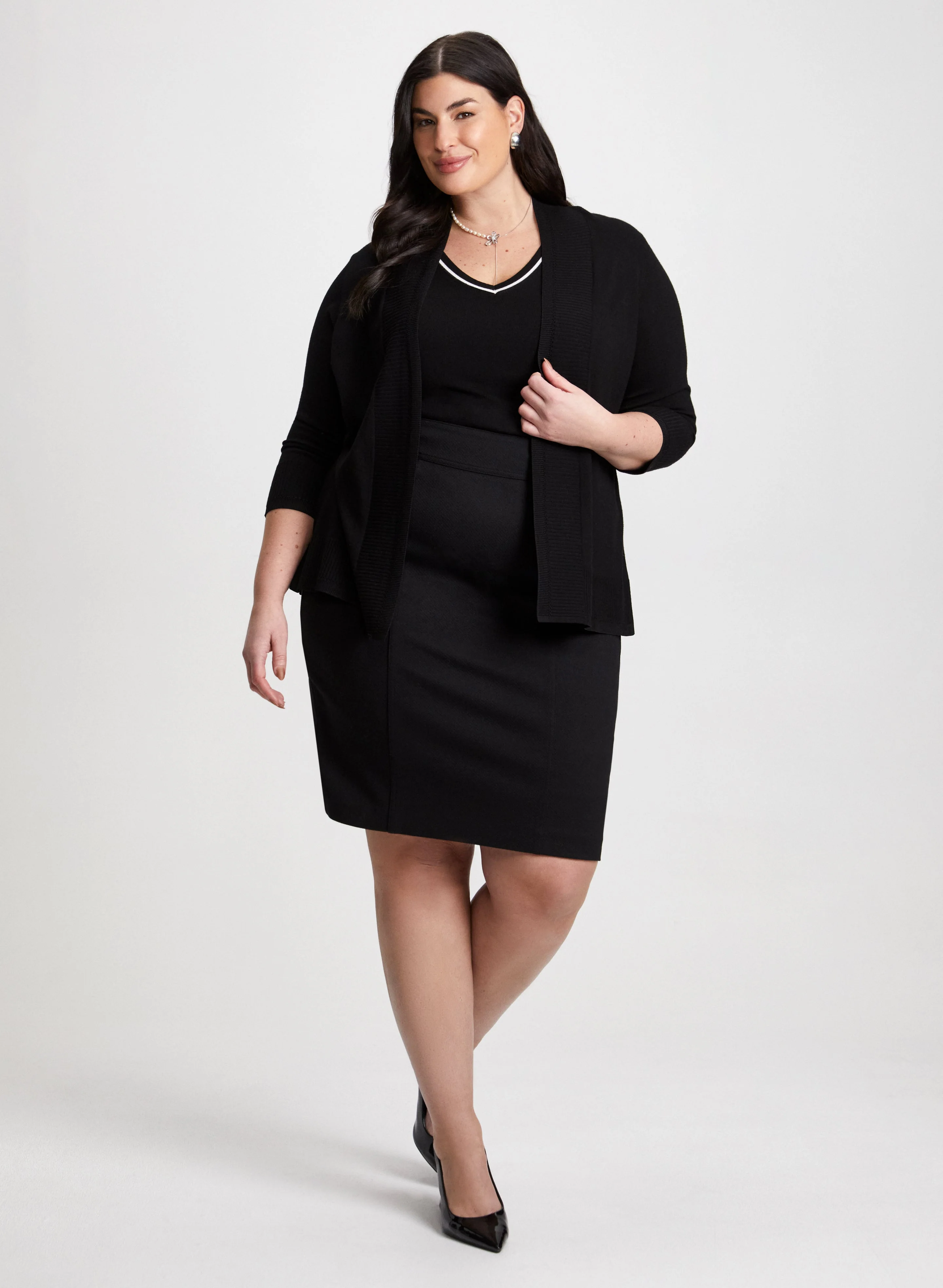 Open Front Knit Cardigan & Pencil Skirt