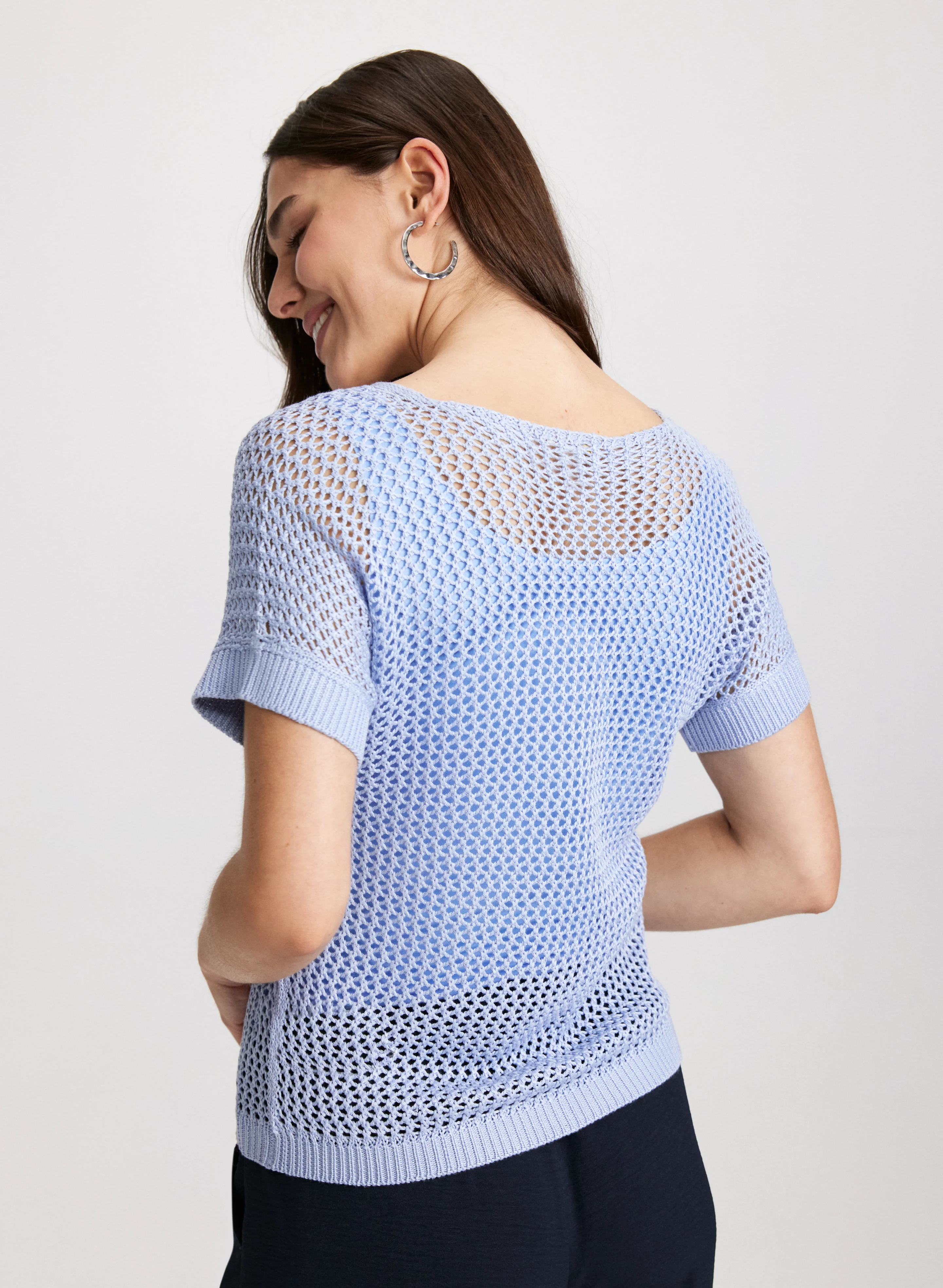 Openwork Knit Short Sleeve Sweater - Image 4