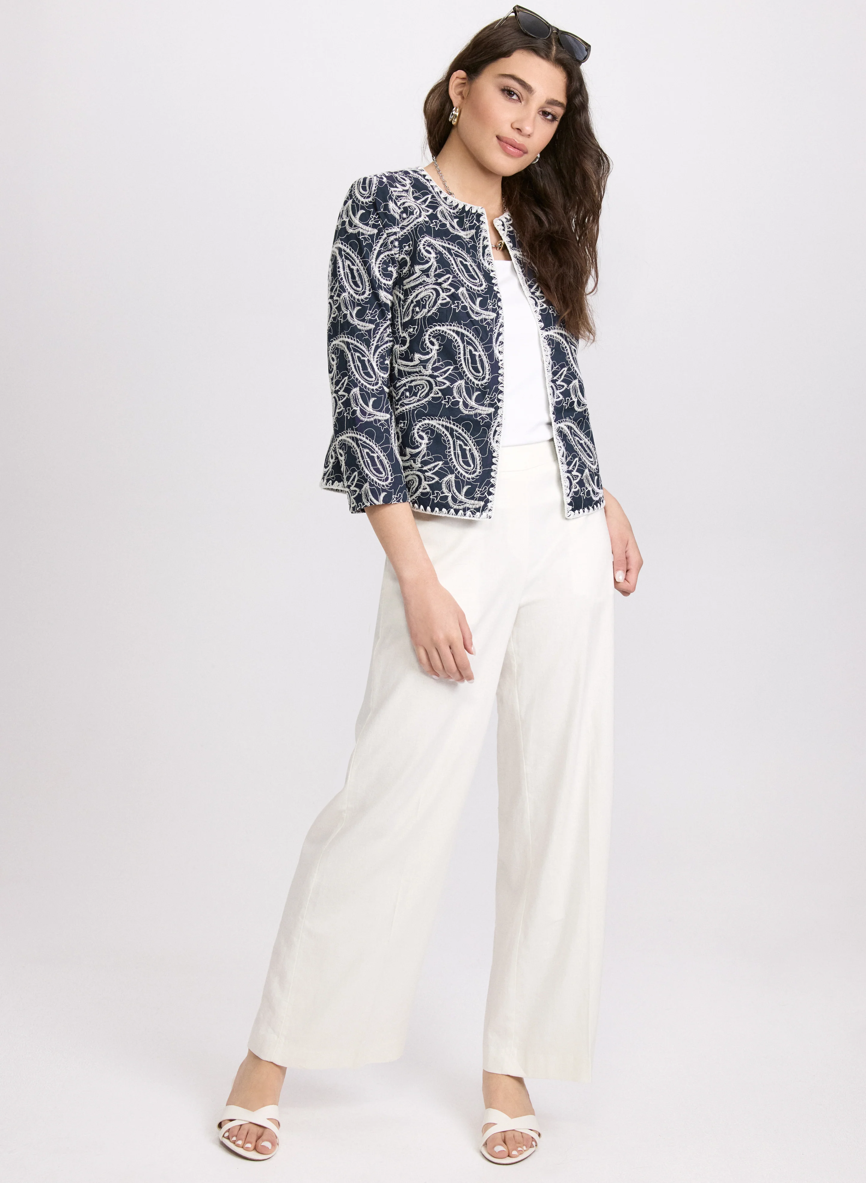 Paisley Embroidered Jacket & Linen-Blend Wide-Leg Pants