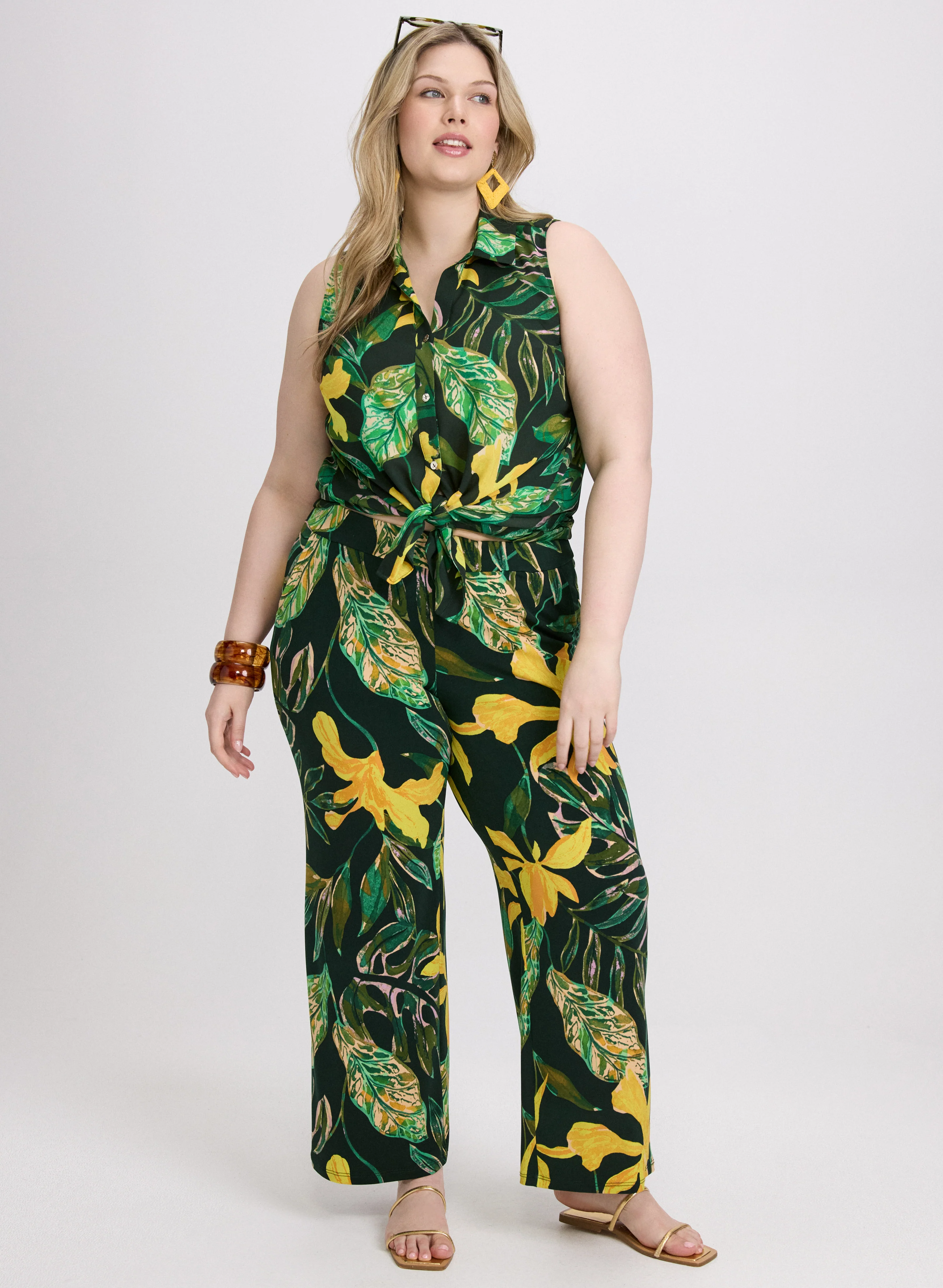 Palm Print Blouse & Wide-Leg Pants