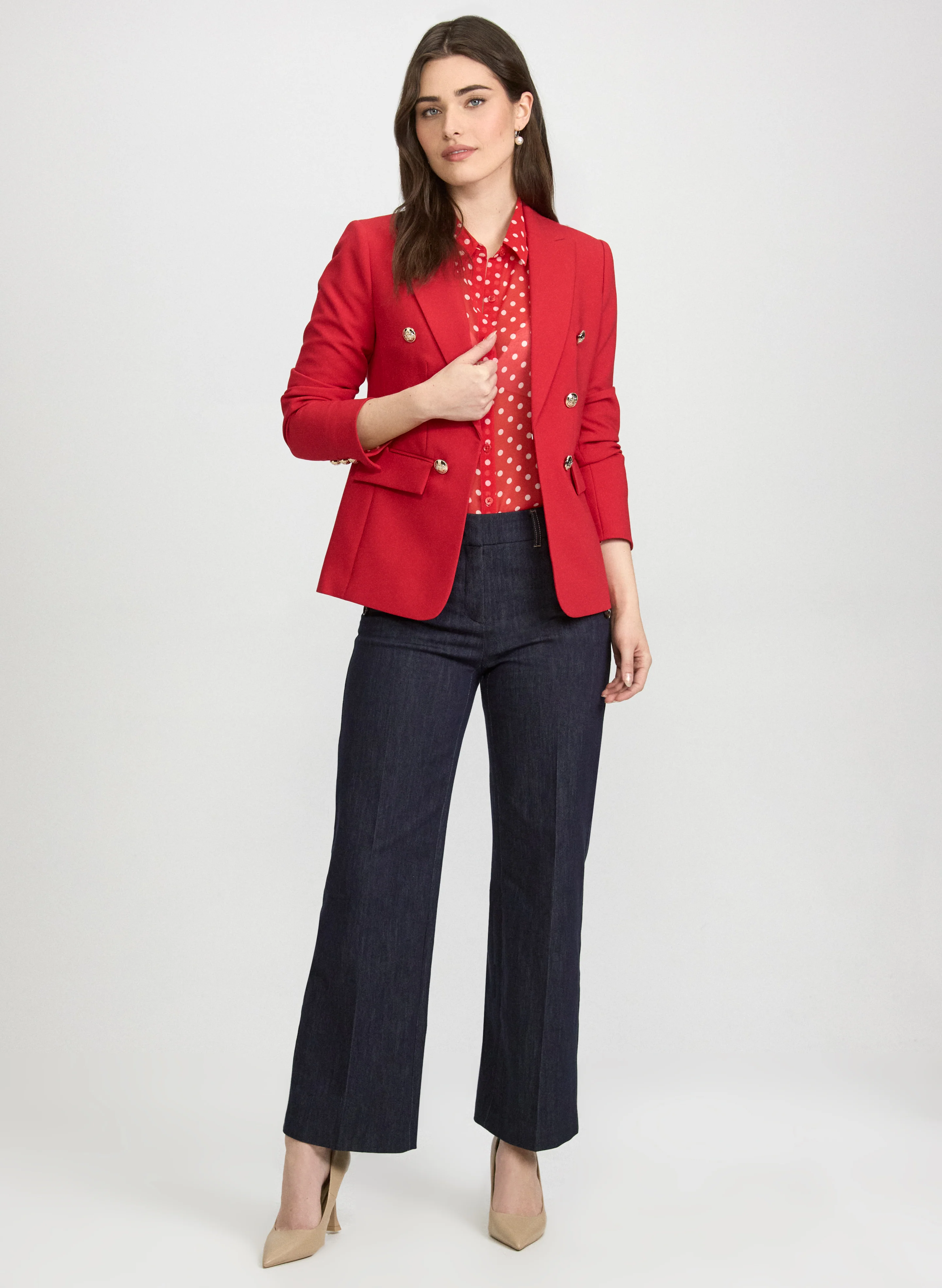 Peaked Lapel Blazer & Olivia Tencel-Denim Wide-Leg Pants