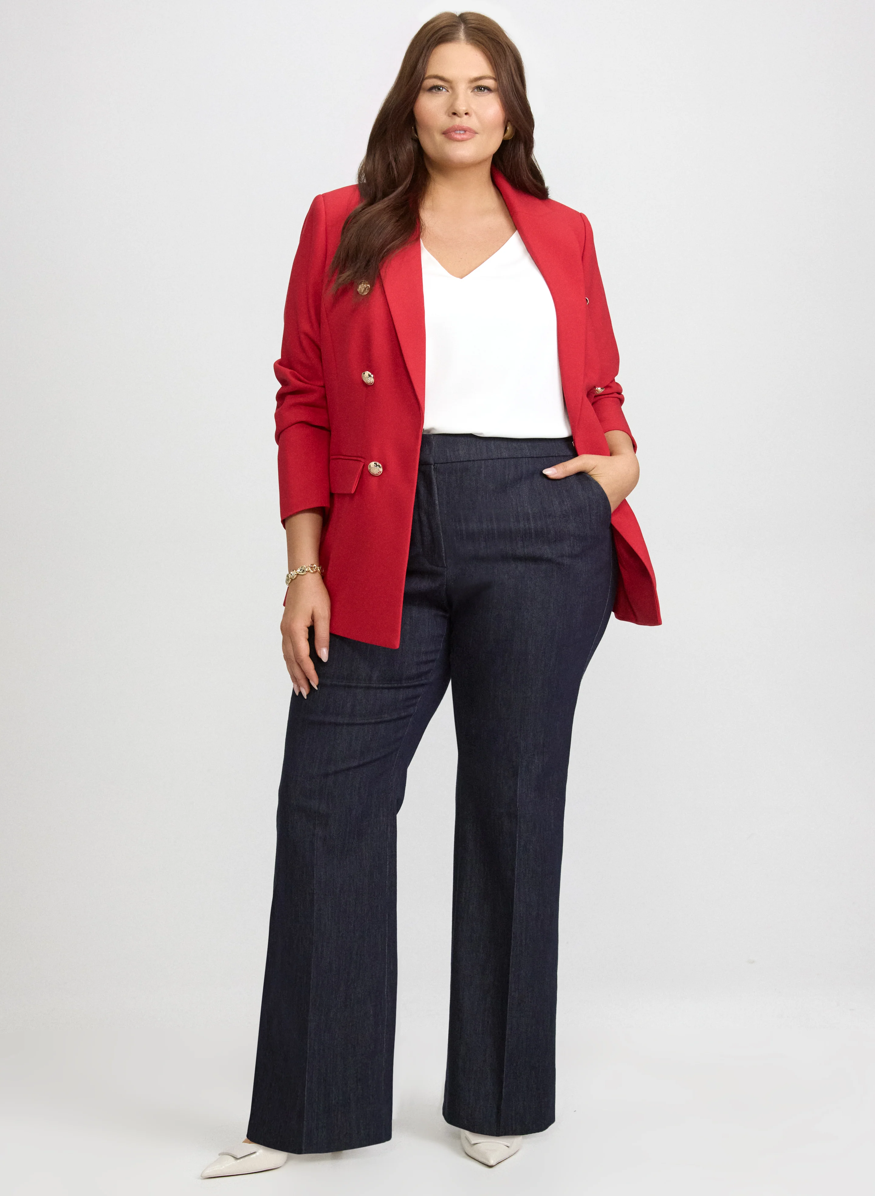 Peaked Lapel Jacket & Flare-Leg Pull-On Jeans