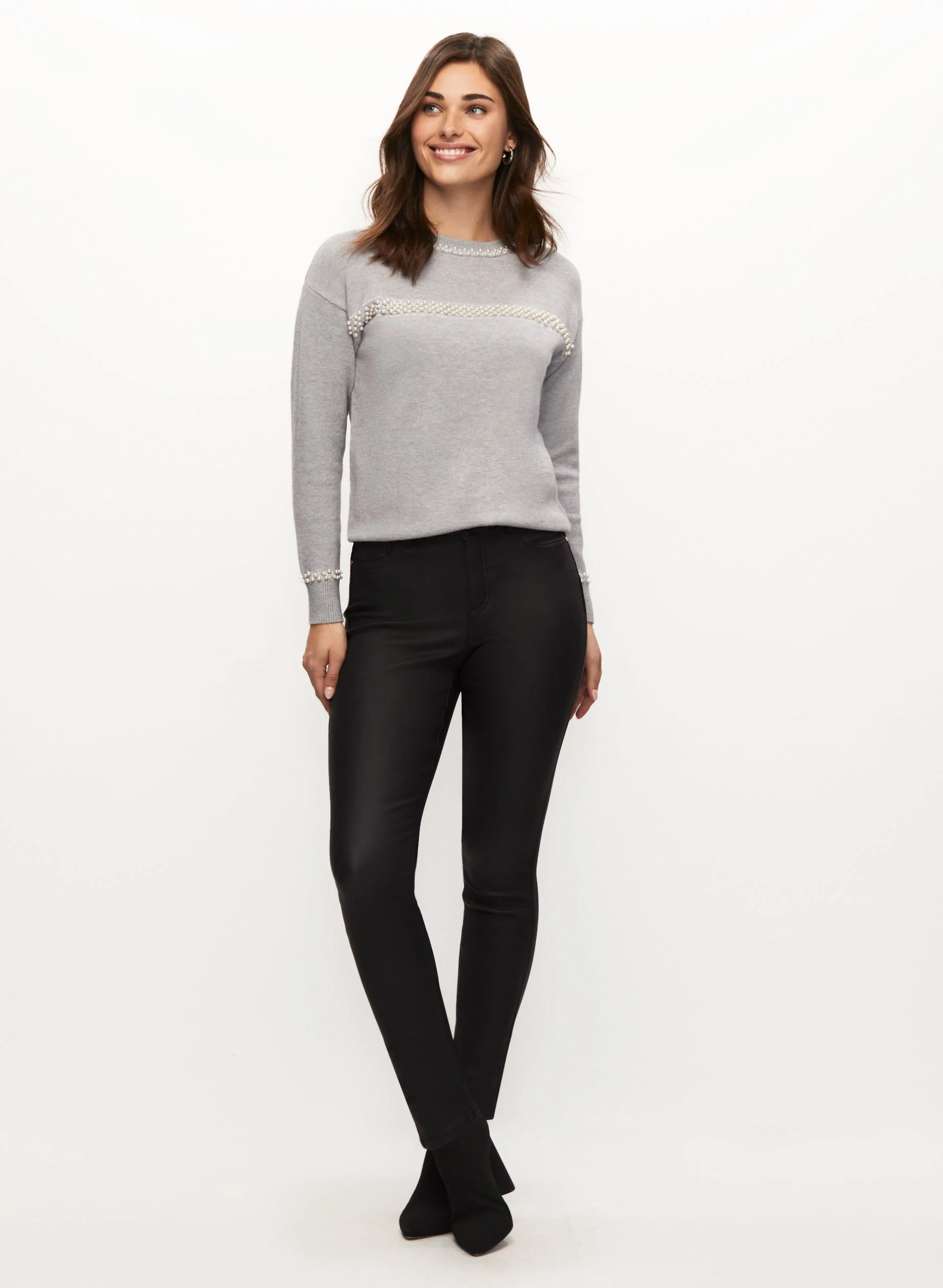 Pearl Detail Sweater & Coated Jeans