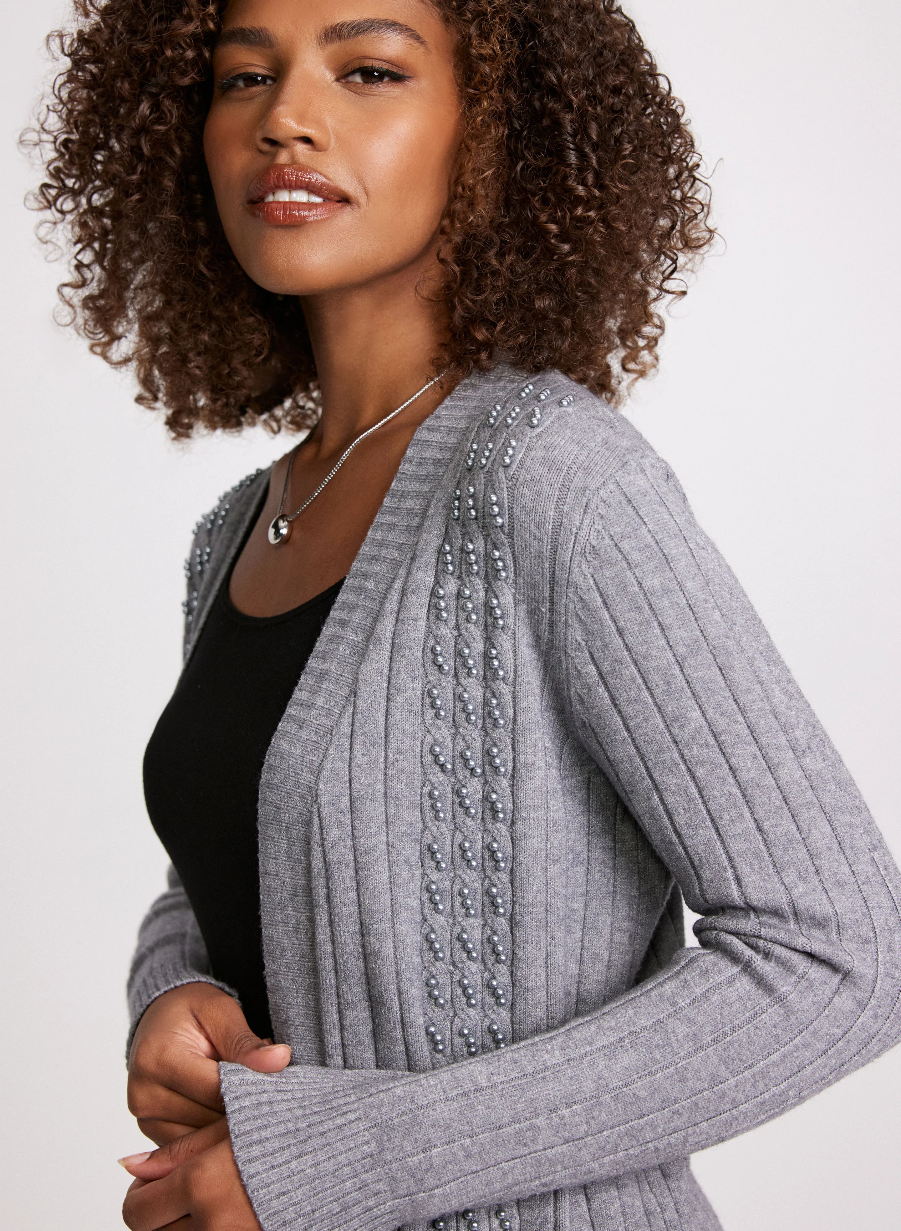 Pearl Embellished Cable Knit Cardigan - Image 2