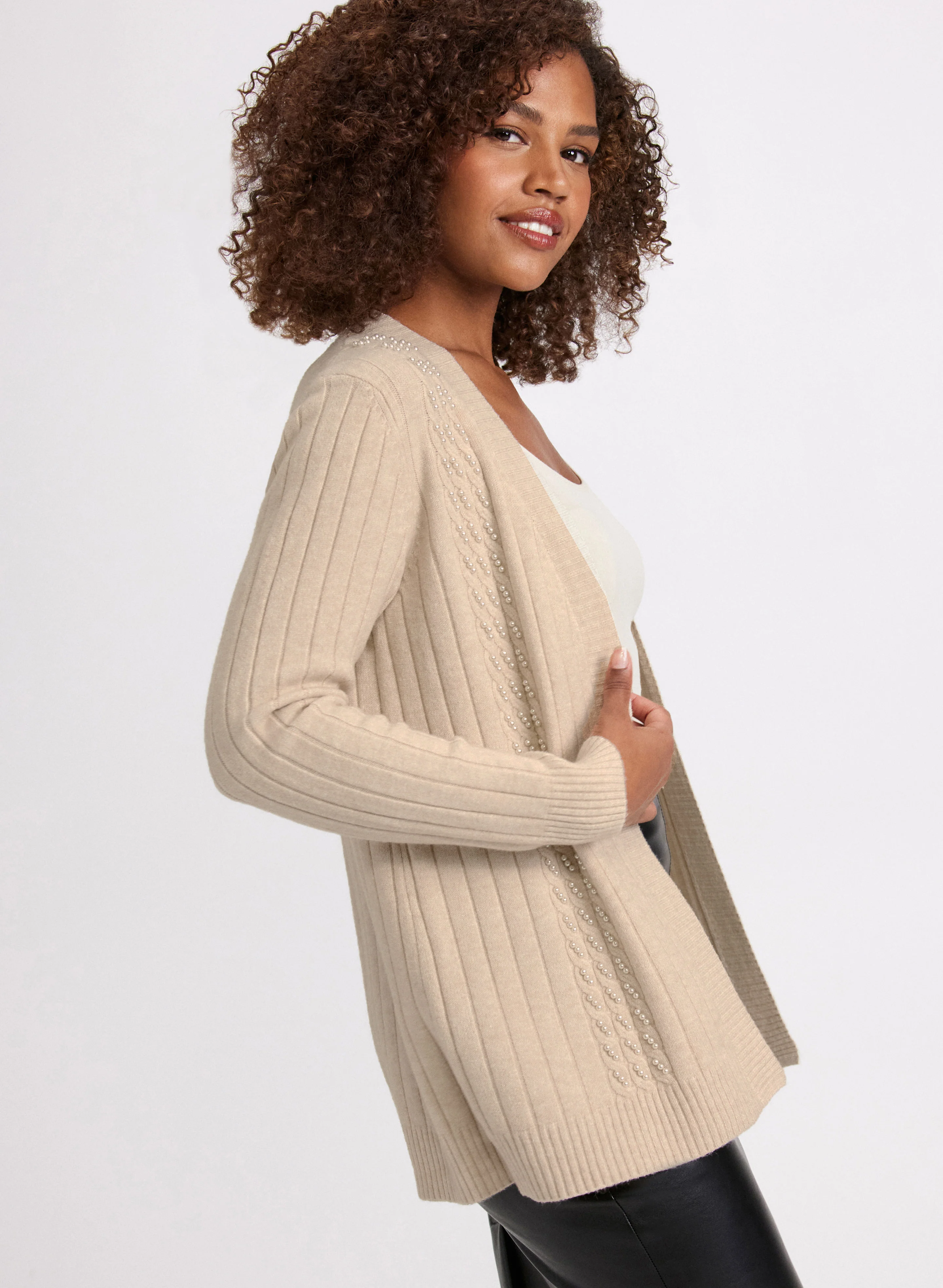 Pearl Embellished Cable Knit Cardigan - Image 2