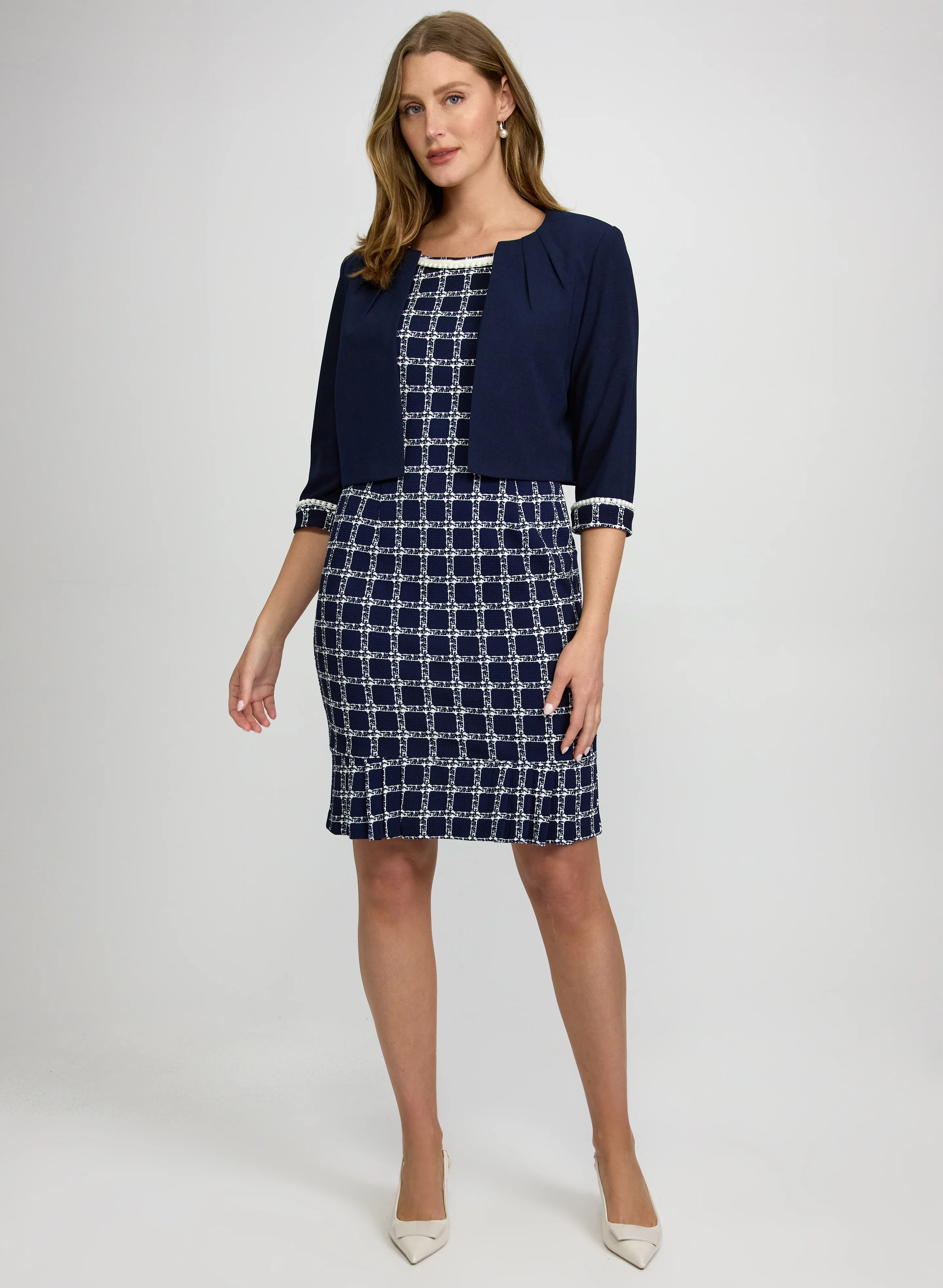 Pearl Trim Jacket & Plaid Dress Set