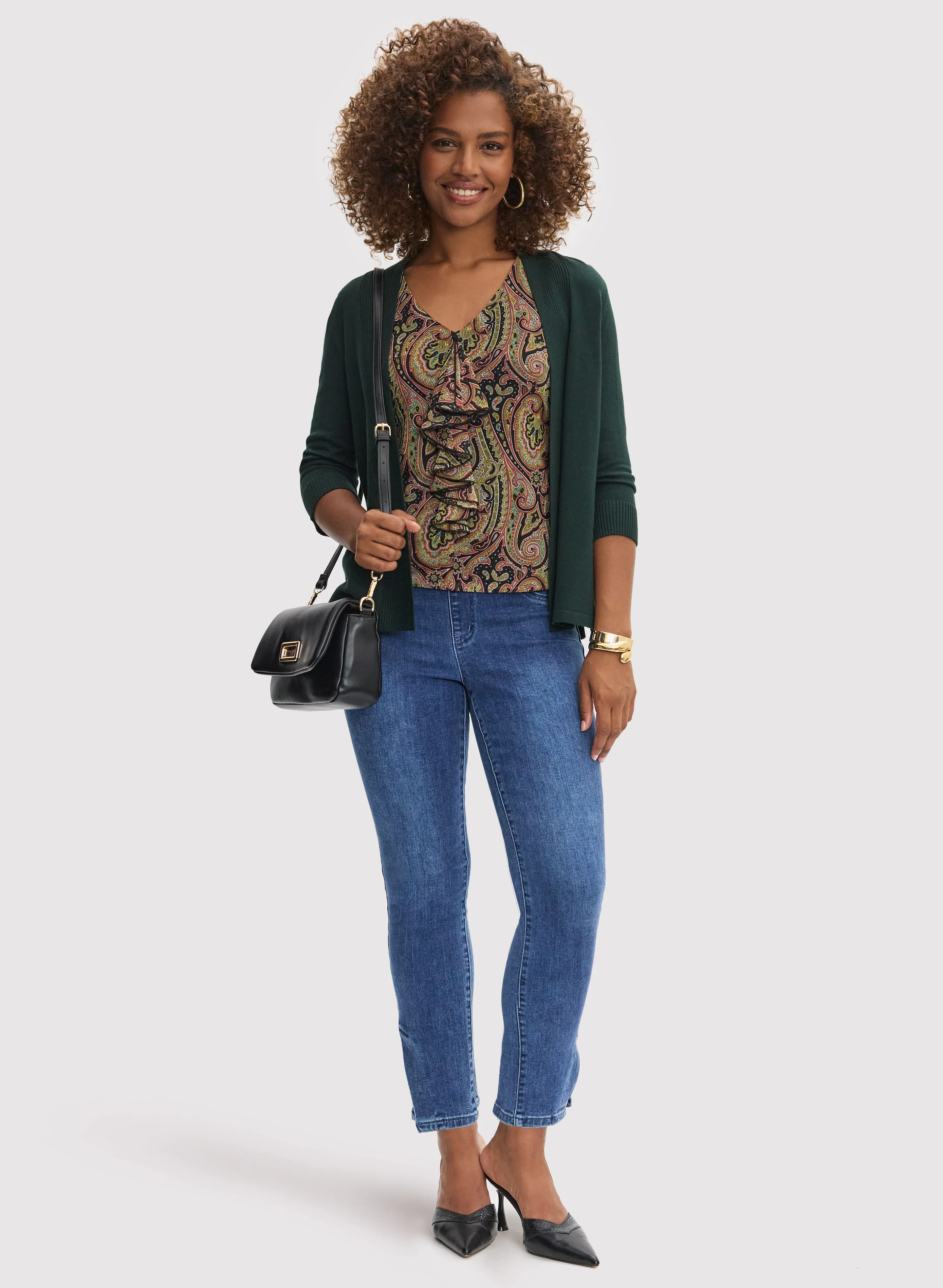 Pointelle Stitch Cardigan & Hem Slit Jeans