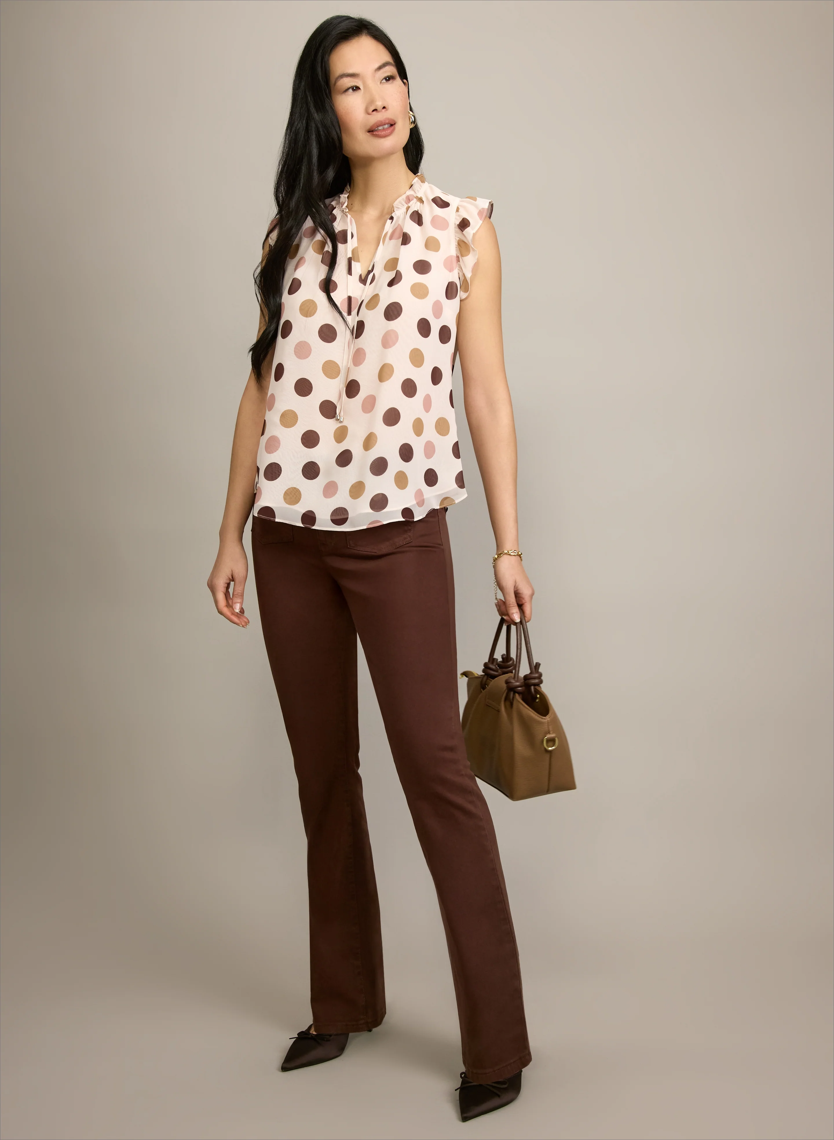 Polka Dot Blouse & Flare-Leg Patch Pocket Jeans