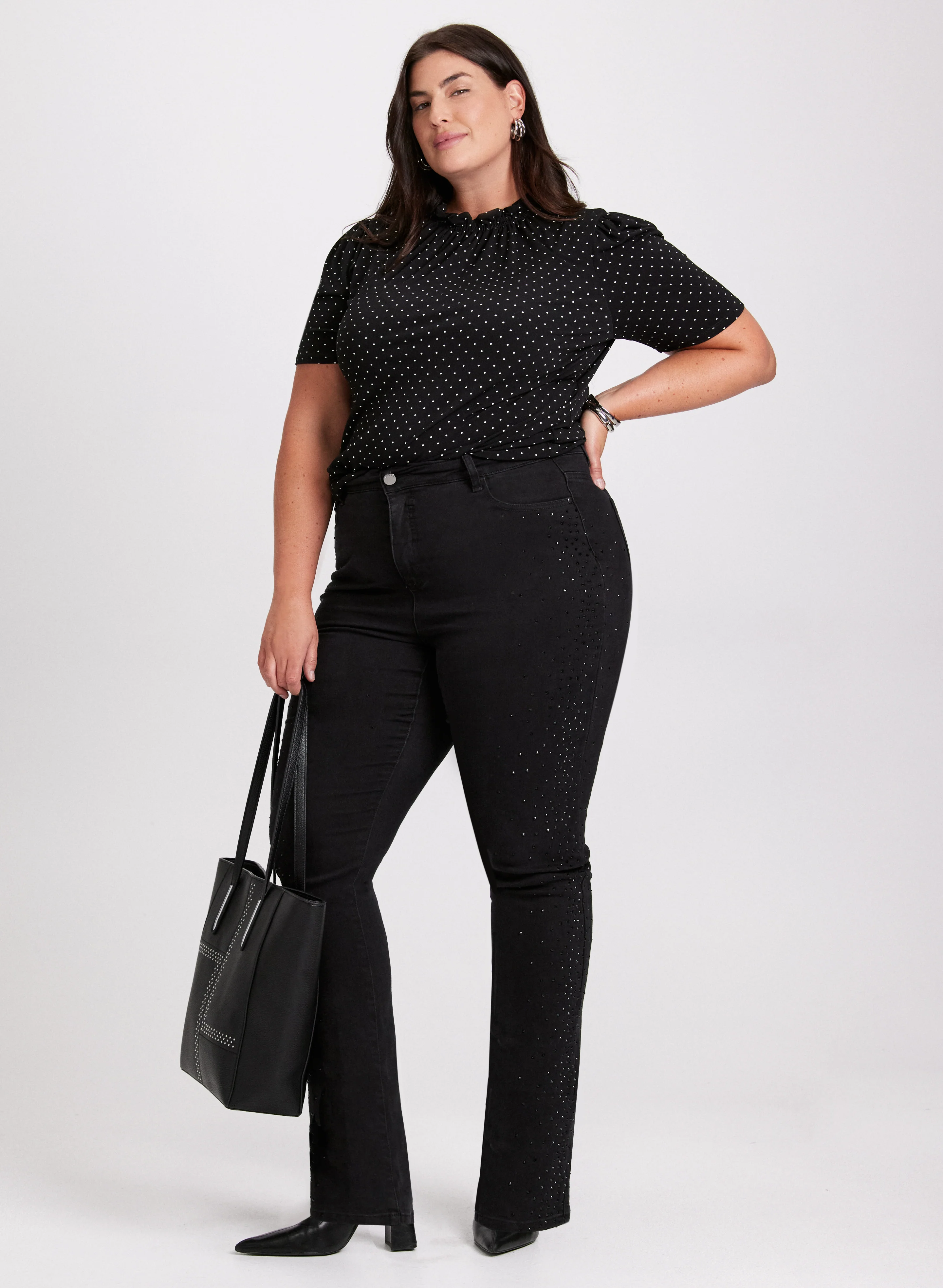Polka Dot Mock Neck Top & Rhinestone Detail Jeans