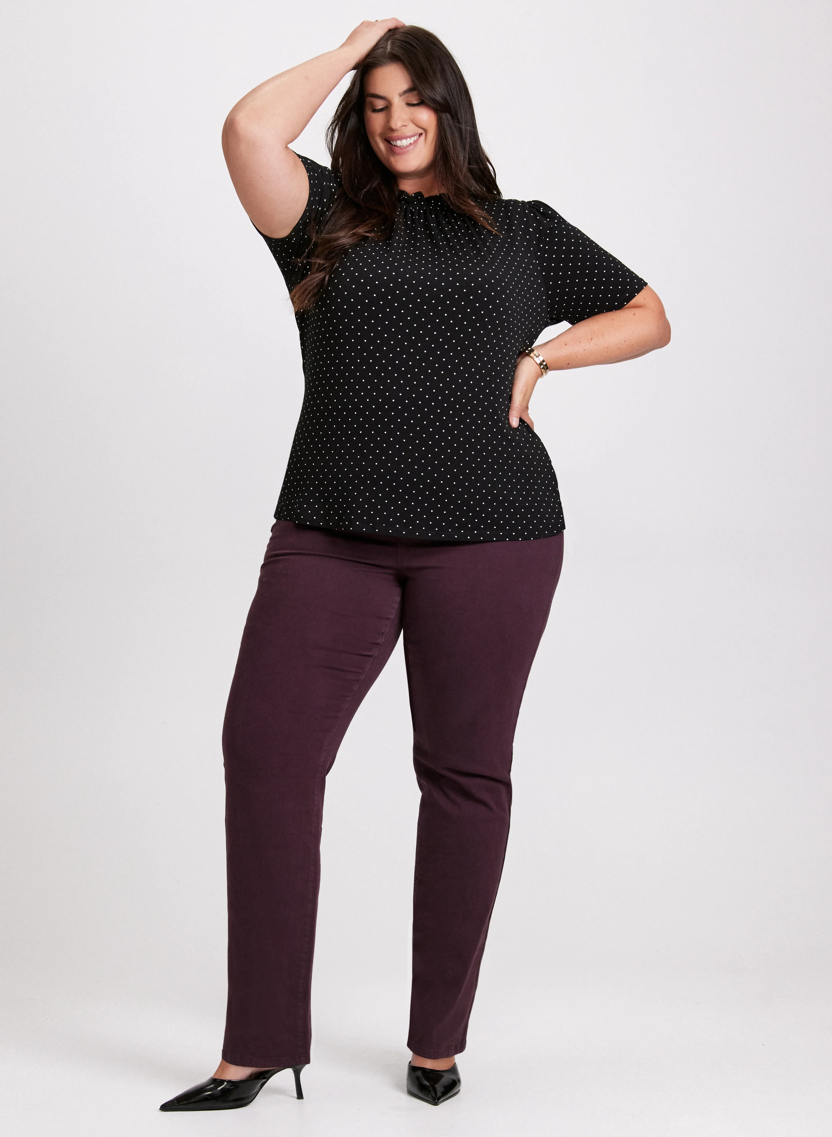 Polka Dot Mock Neck Top & Straight Leg Jeans
