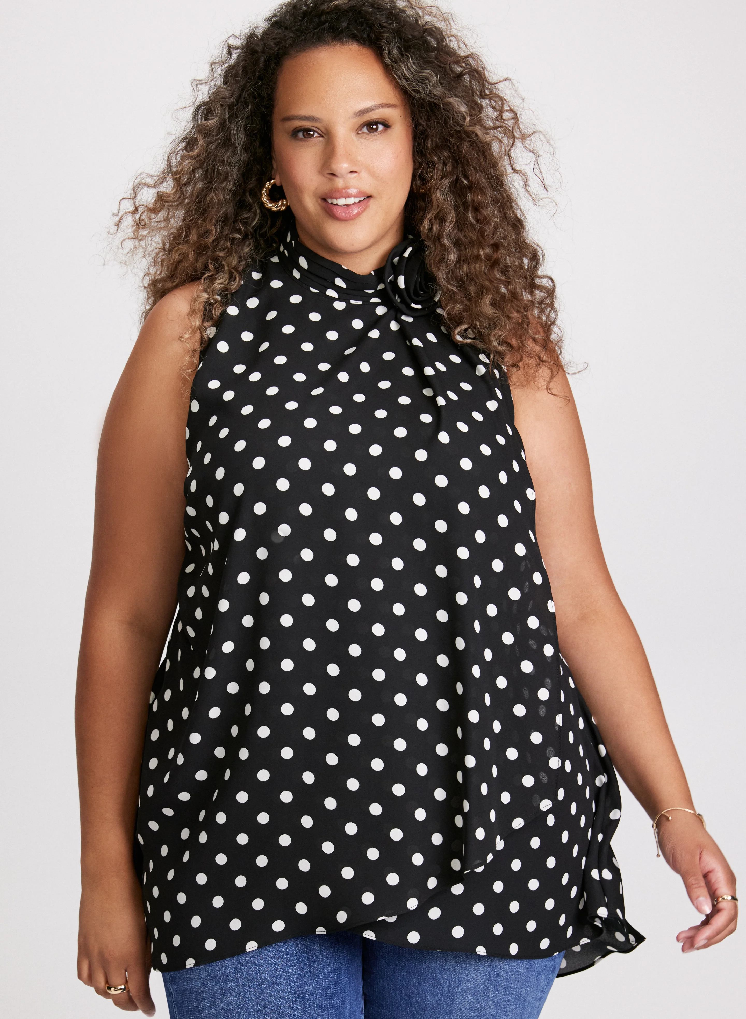 Polka Dot Print Mock Neck Blouse - Image 5
