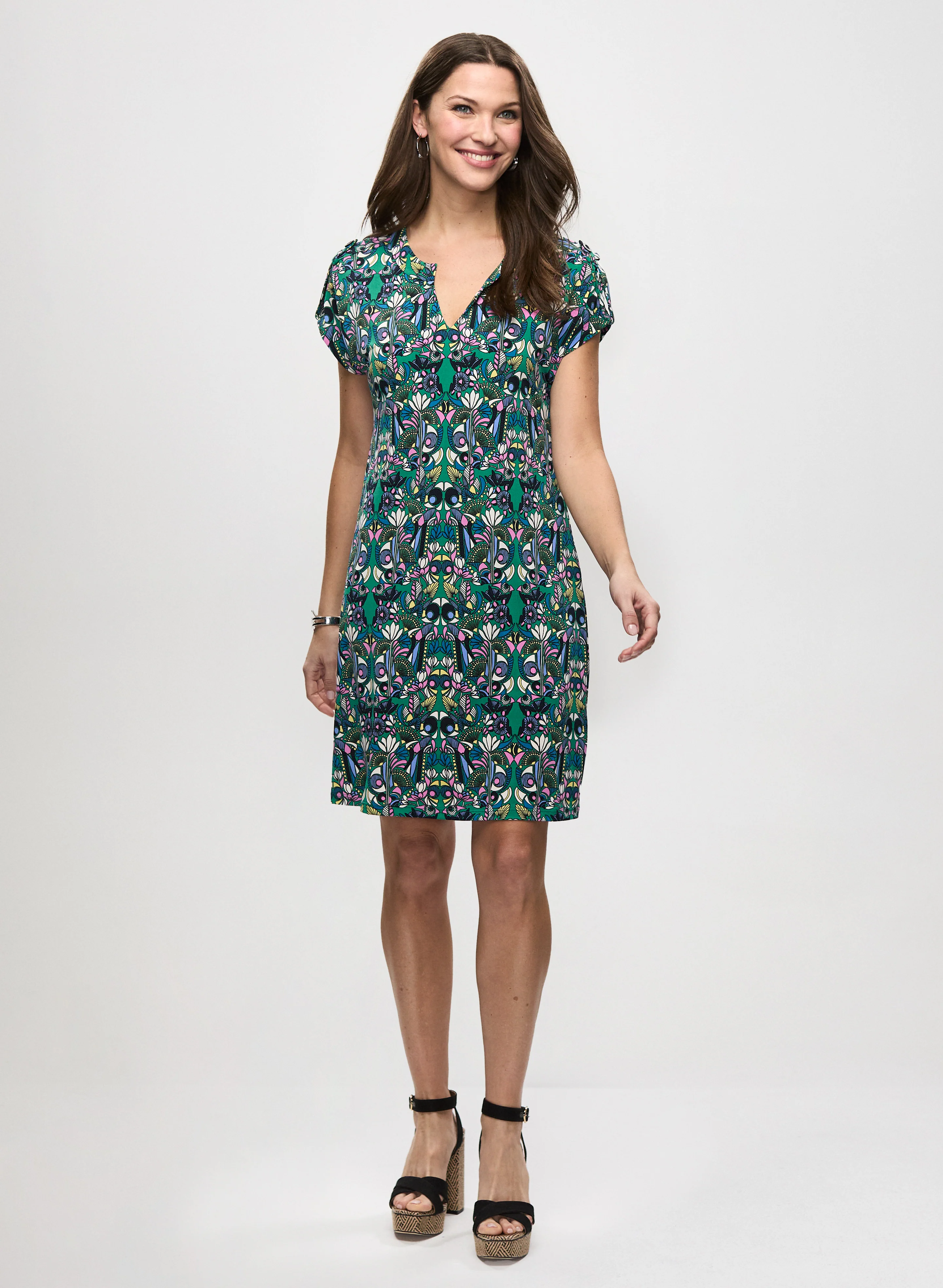 Printed Sheath Dress & Cascade Hoop Earrings