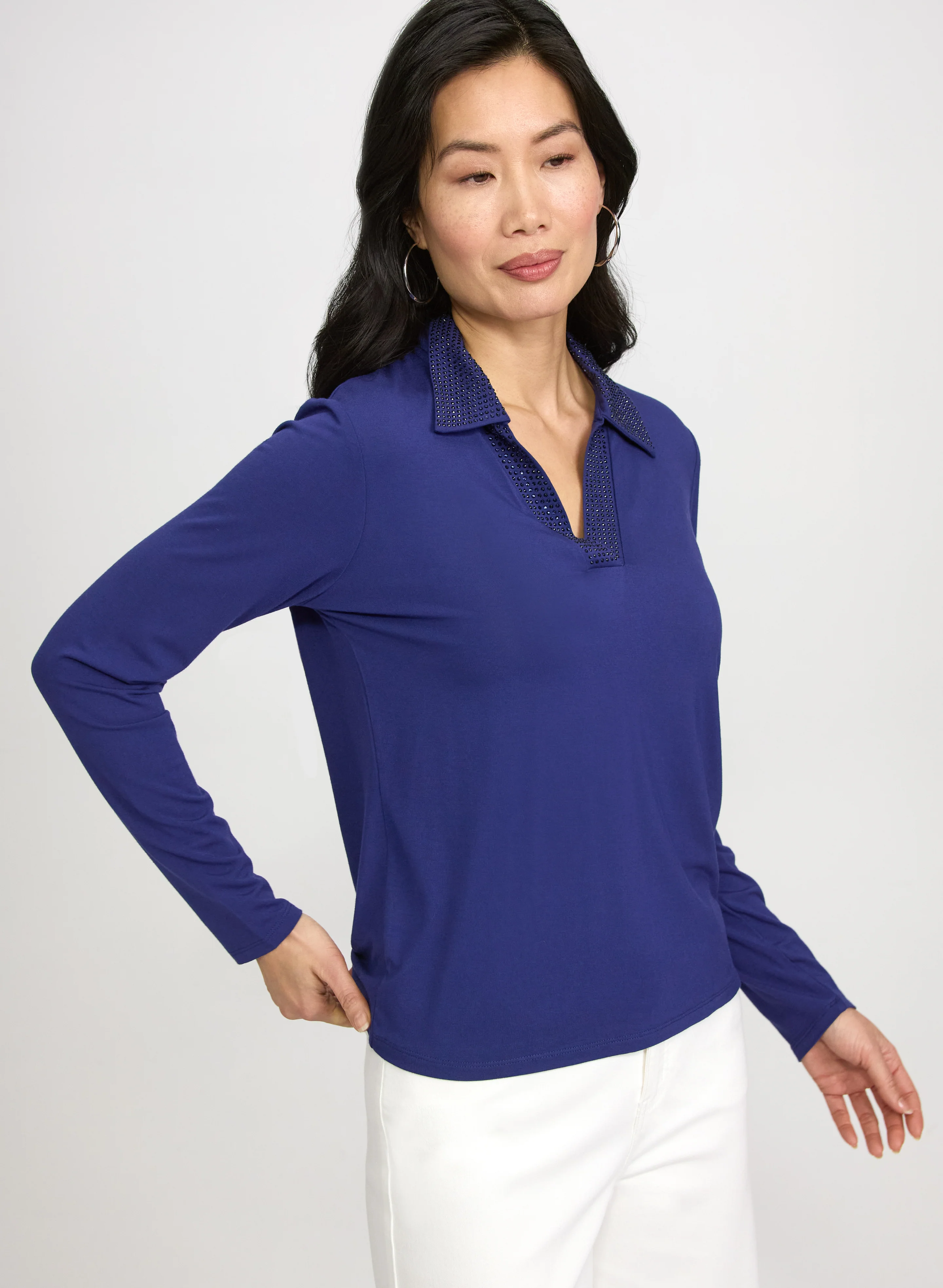 Rhinestone Collar Long Sleeve T-Shirt - Image 5