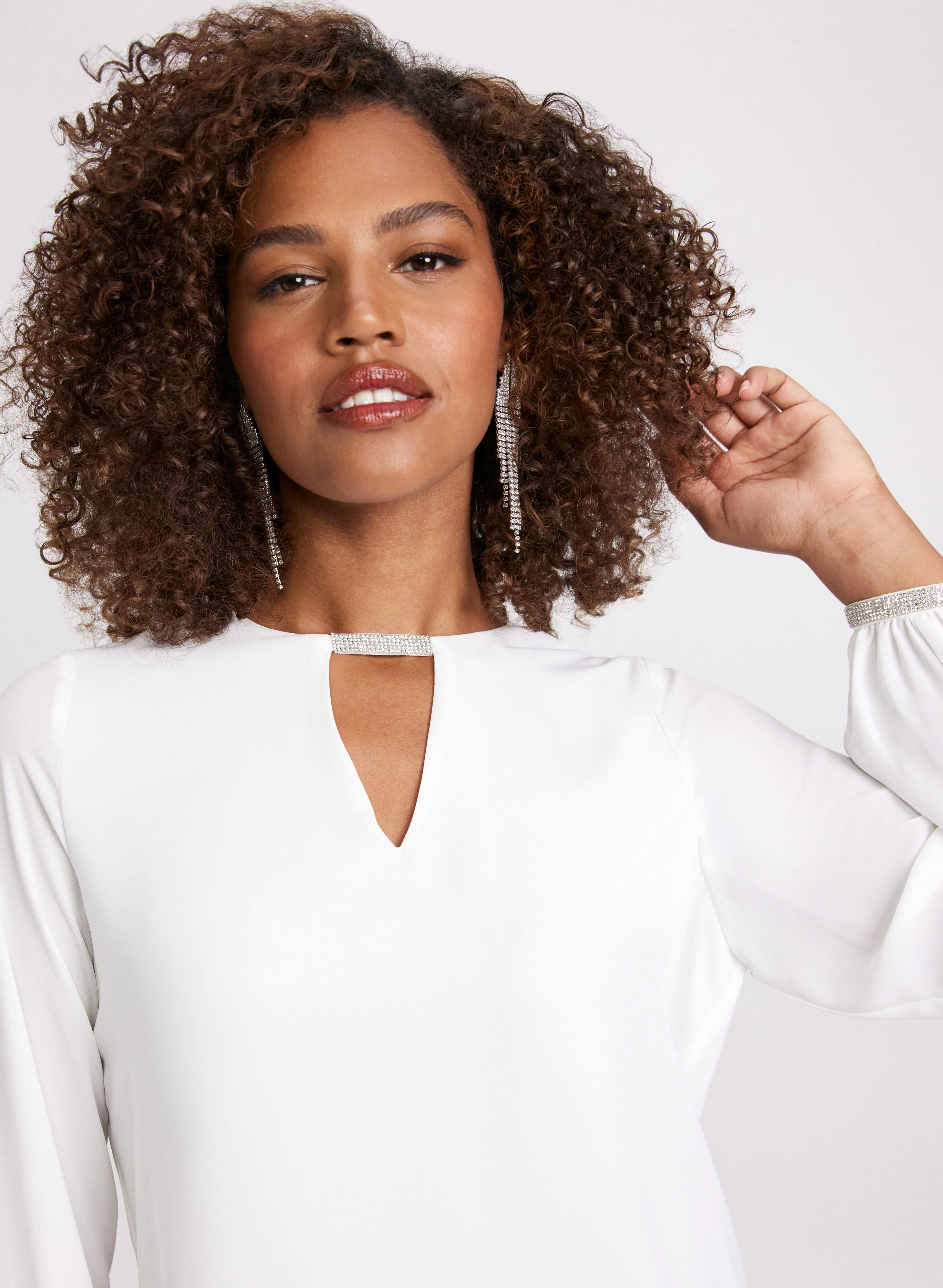 Rhinestone Embellished Keyhole Blouse - Image 2