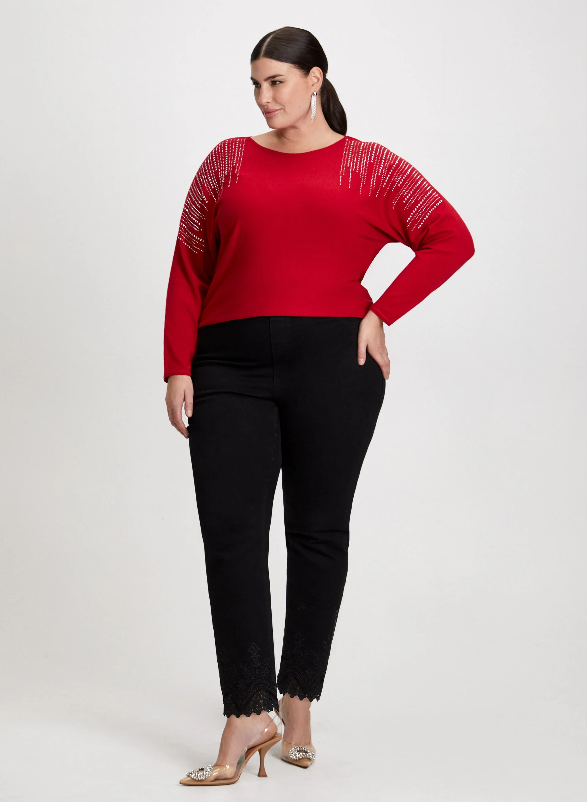 Rhinestone Motif Sweater & Lace Hem Pants