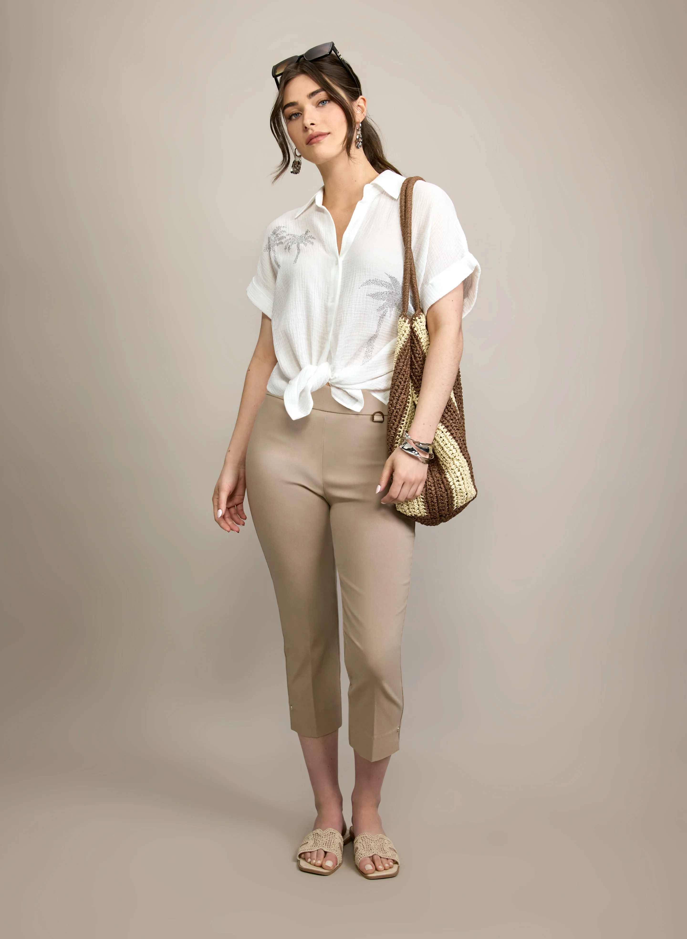 Rhinestone Palm Print Blouse & Pull-On Bengaline Capris