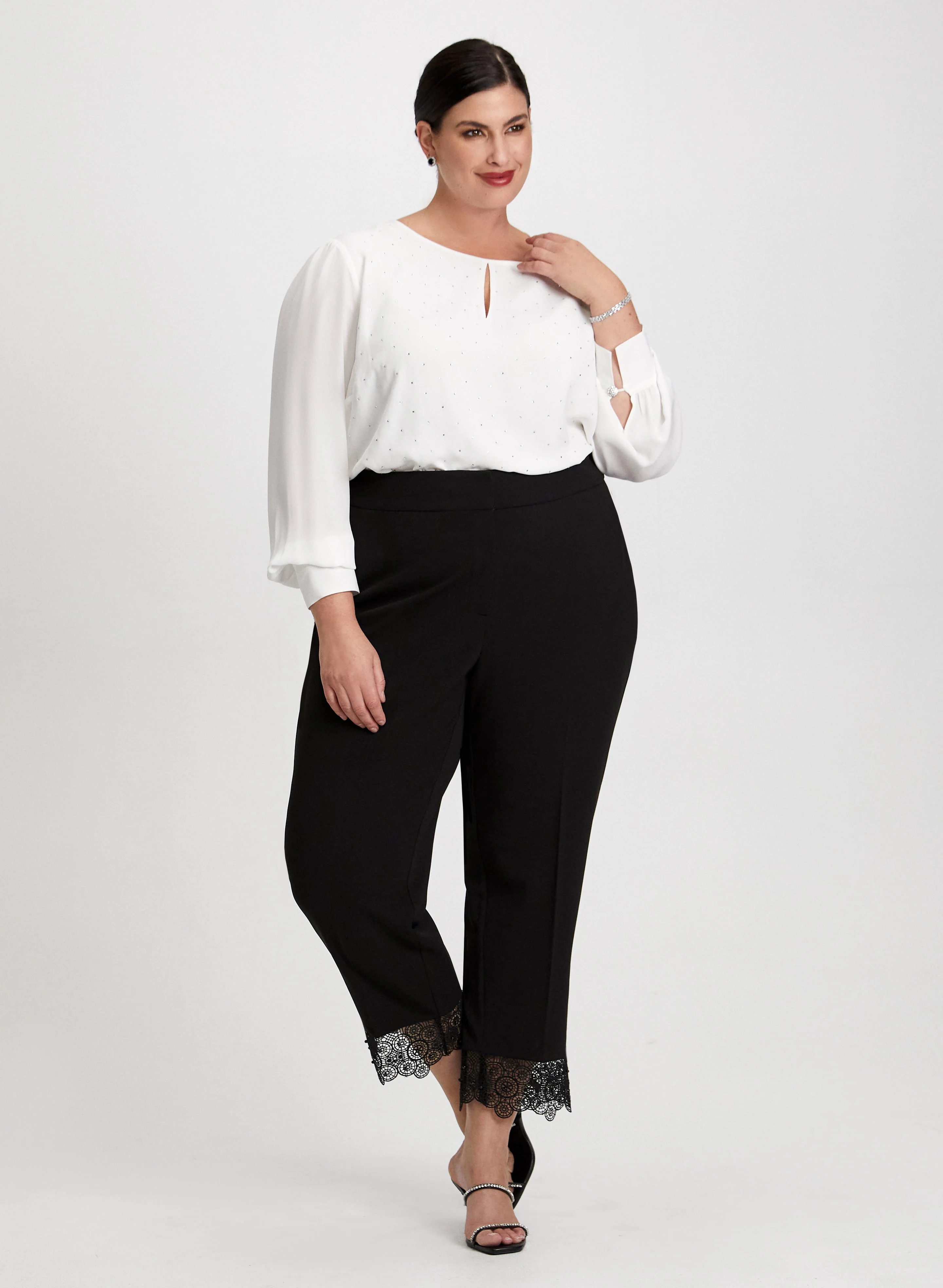 Rhinestone Detail Blouse & Lace Trim Pants