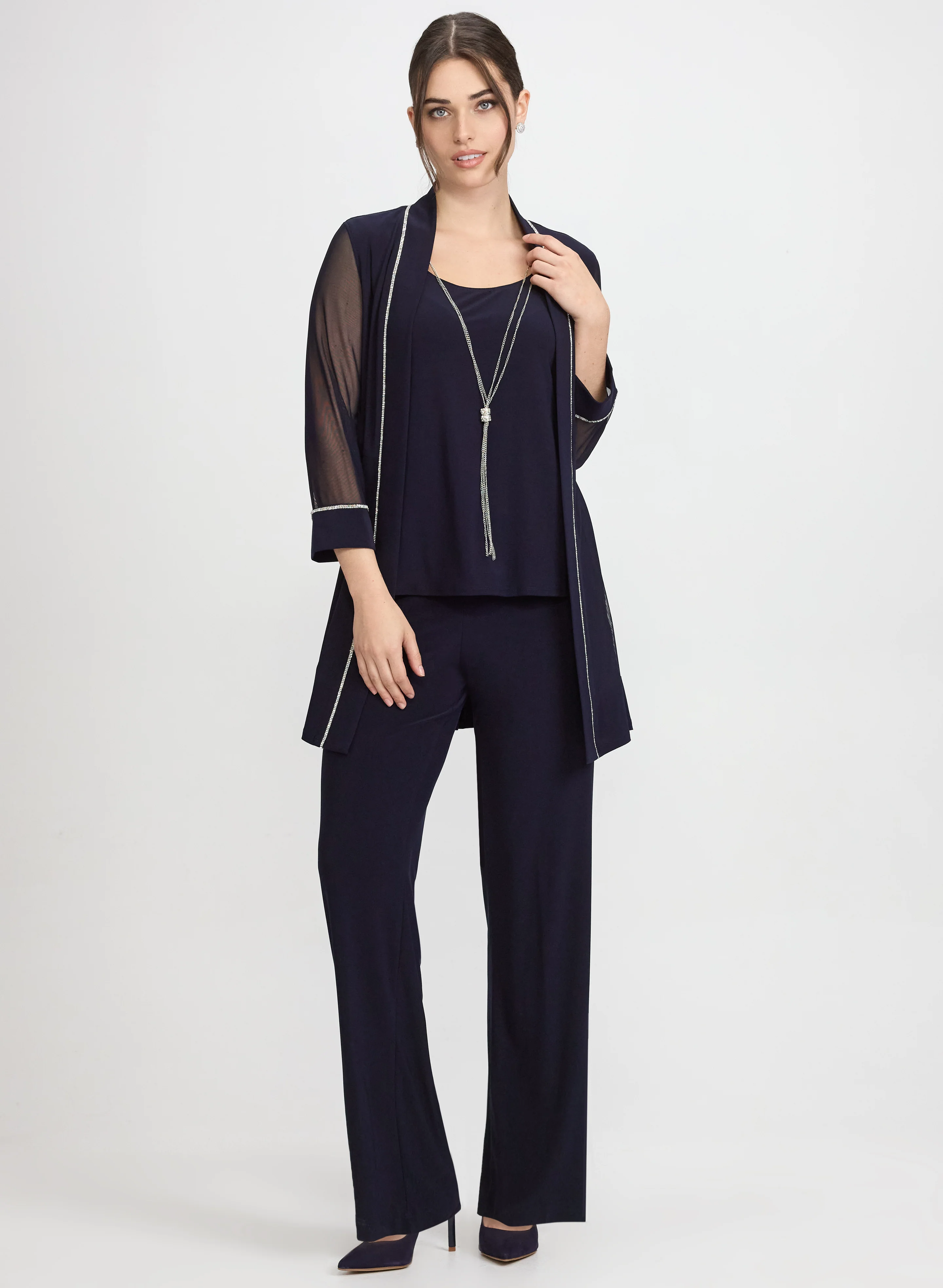 Rhinestone Trim Jacket, Top & Pants Set