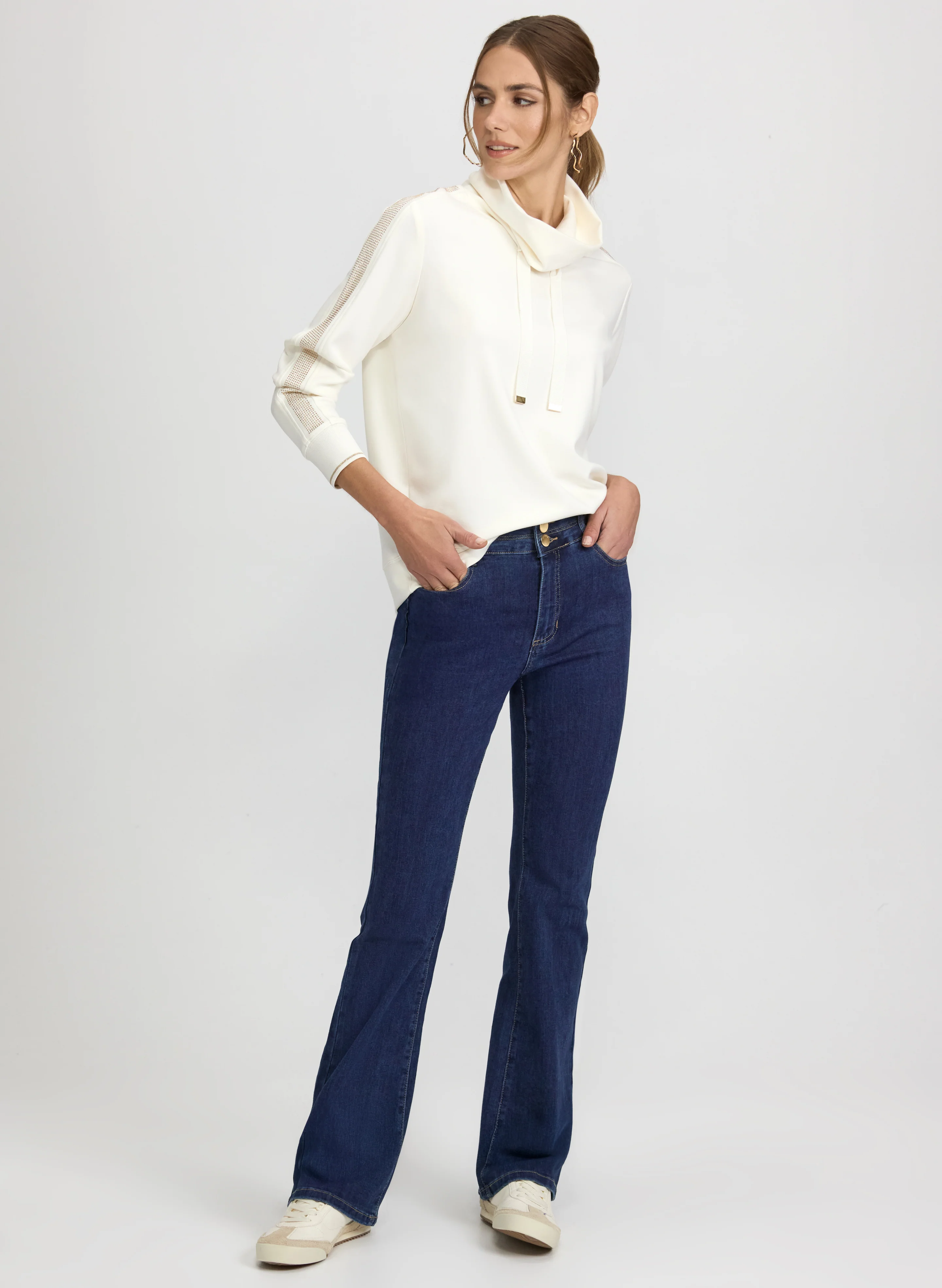 Rhinestone Trim Scuba Top & Flare-Leg Jeans