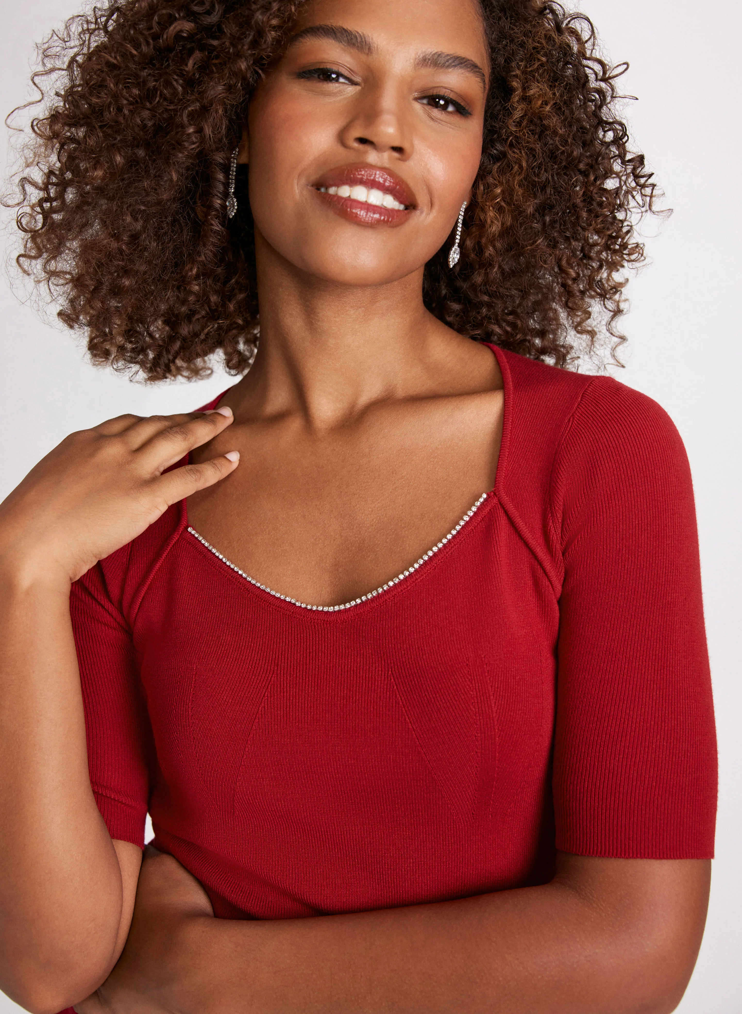 Rhinestone Trim Sweetheart Neck Sweater - Image 2