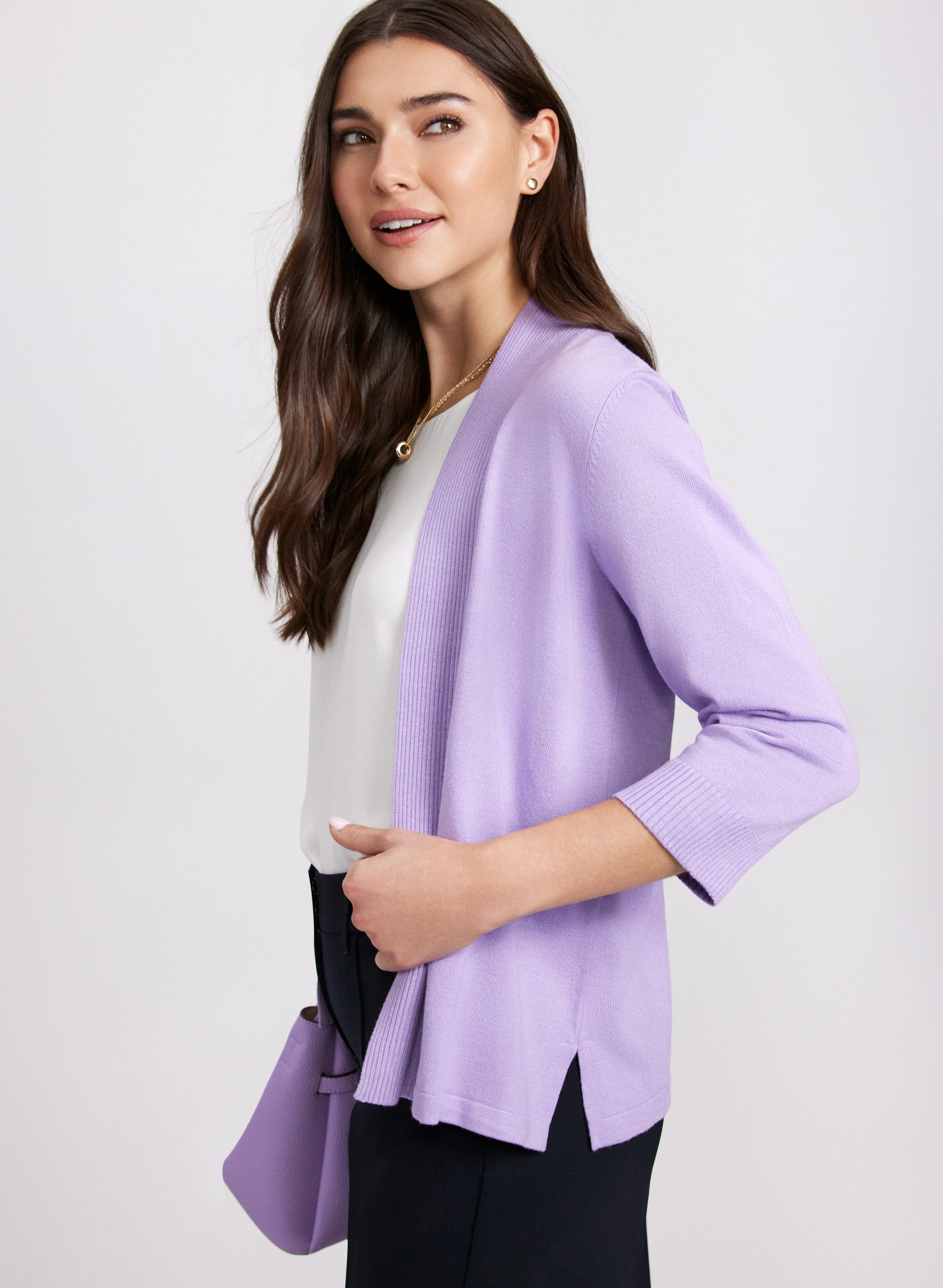 Ribbed Trim Open-Front Cardigan - Image 2
