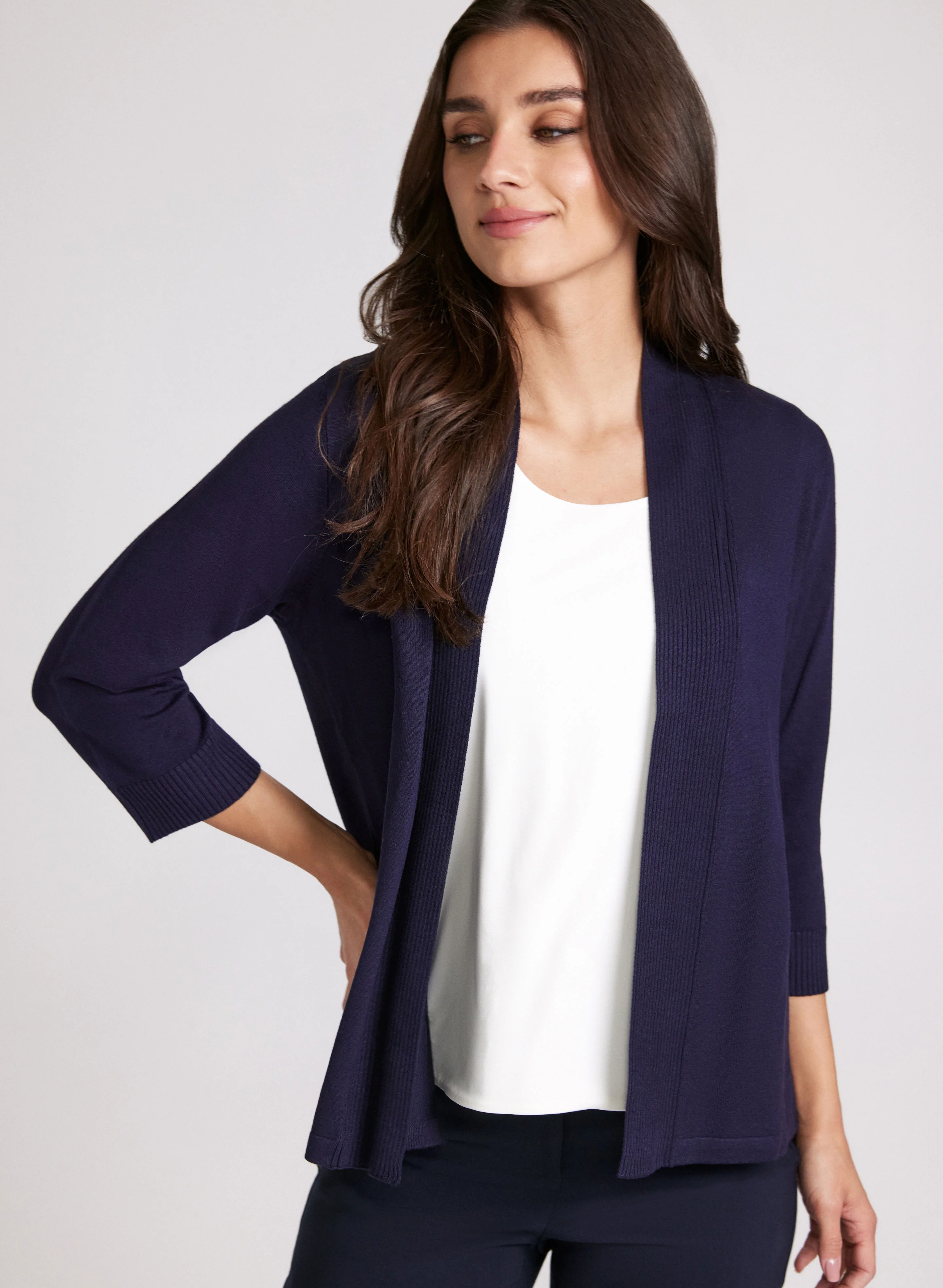 Ribbed Trim Open-Front Cardigan