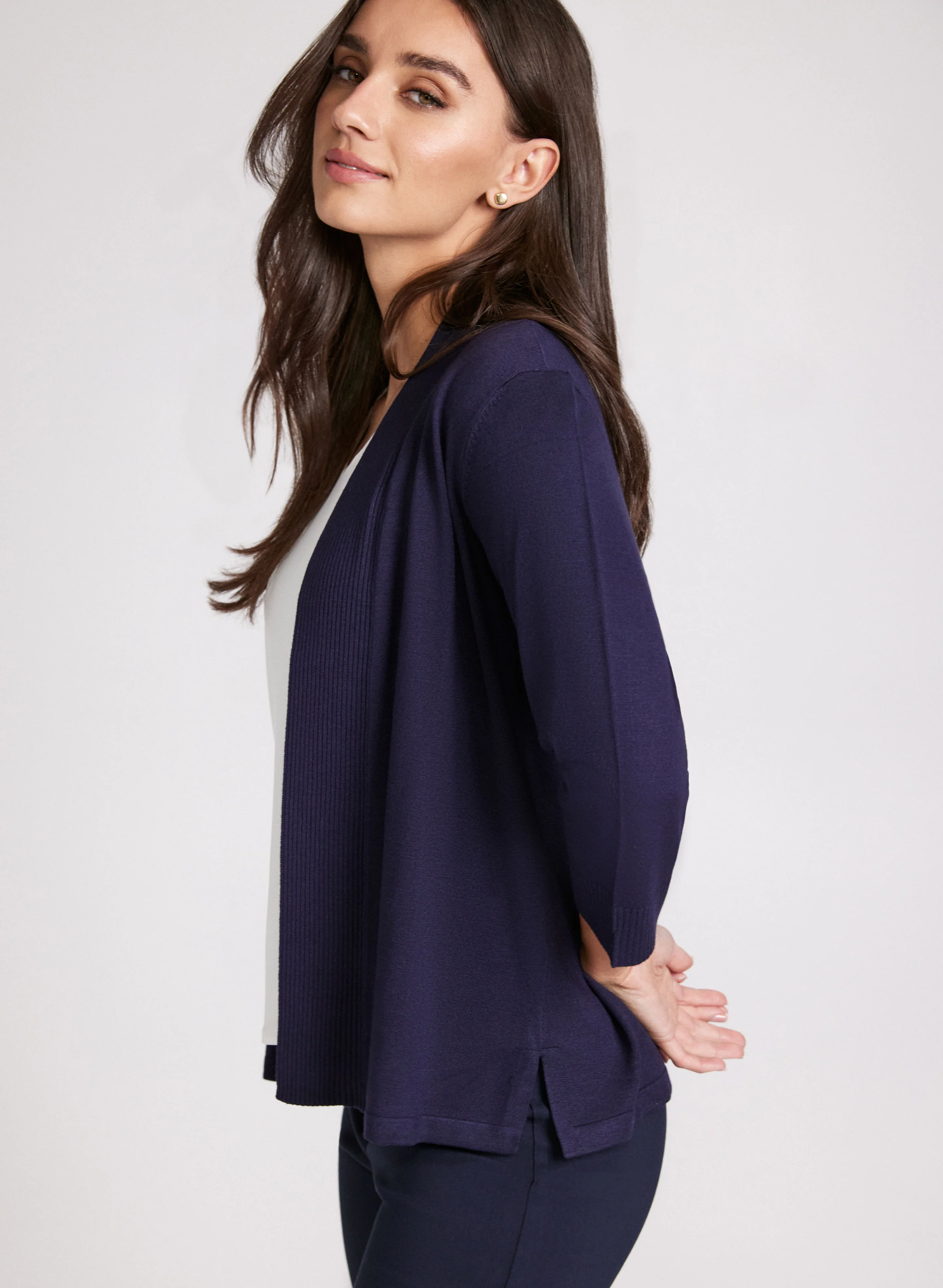 Ribbed Trim Open-Front Cardigan - Image 2
