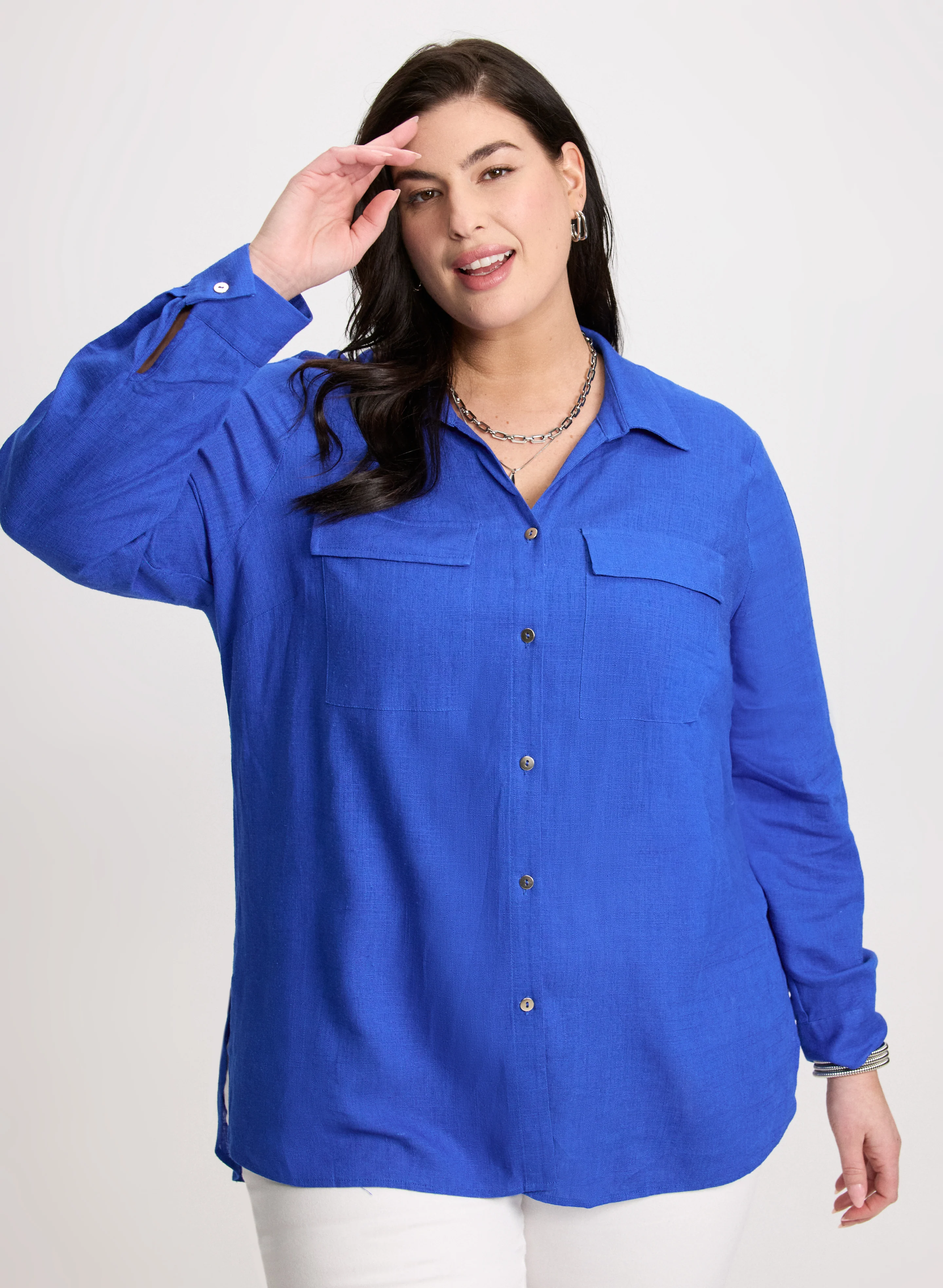 Rolled Sleeves Linen Blend Blouse - Image 8