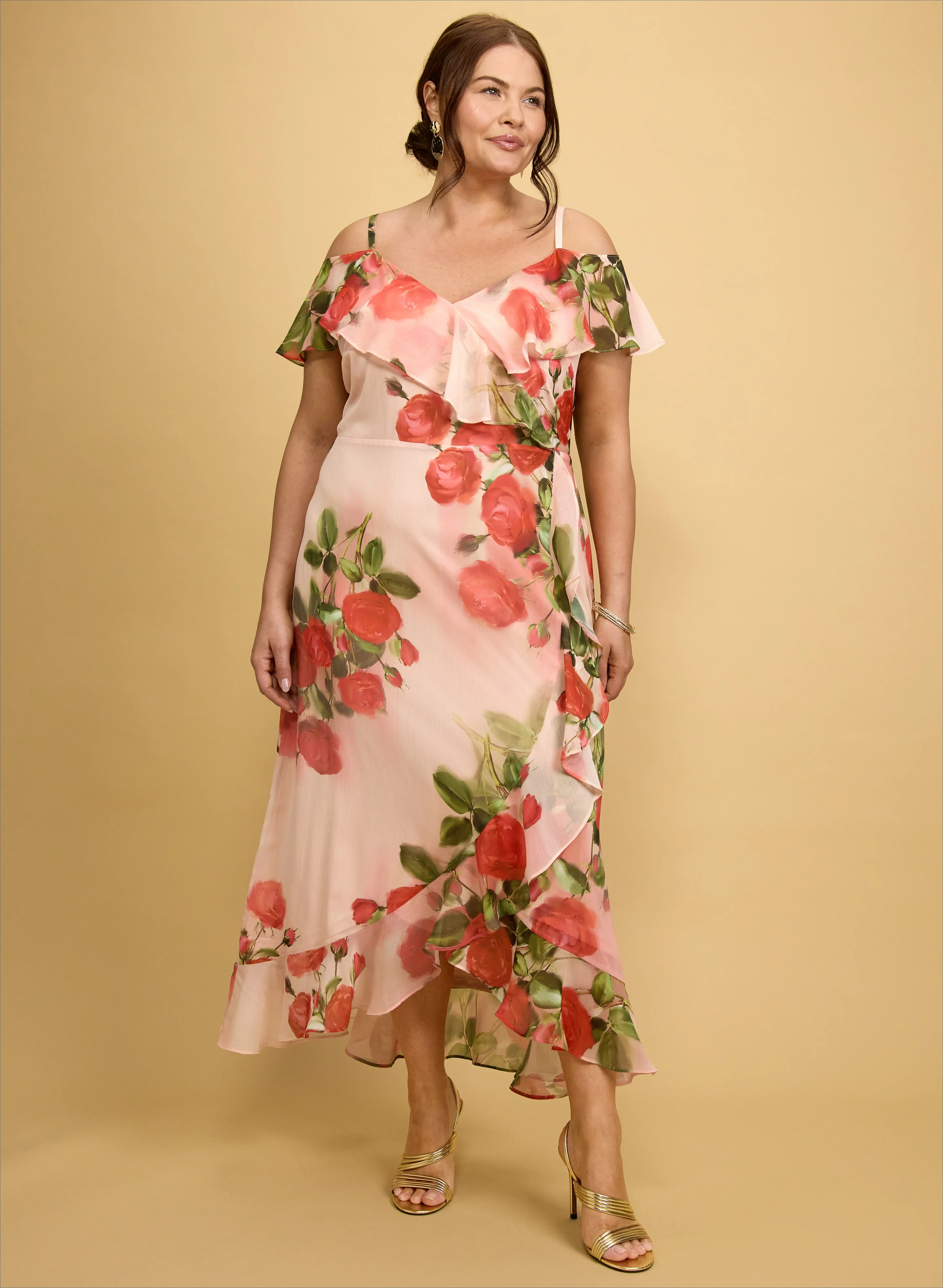 Rose Print Midi Dress & Three-Row Bangle Bracelet