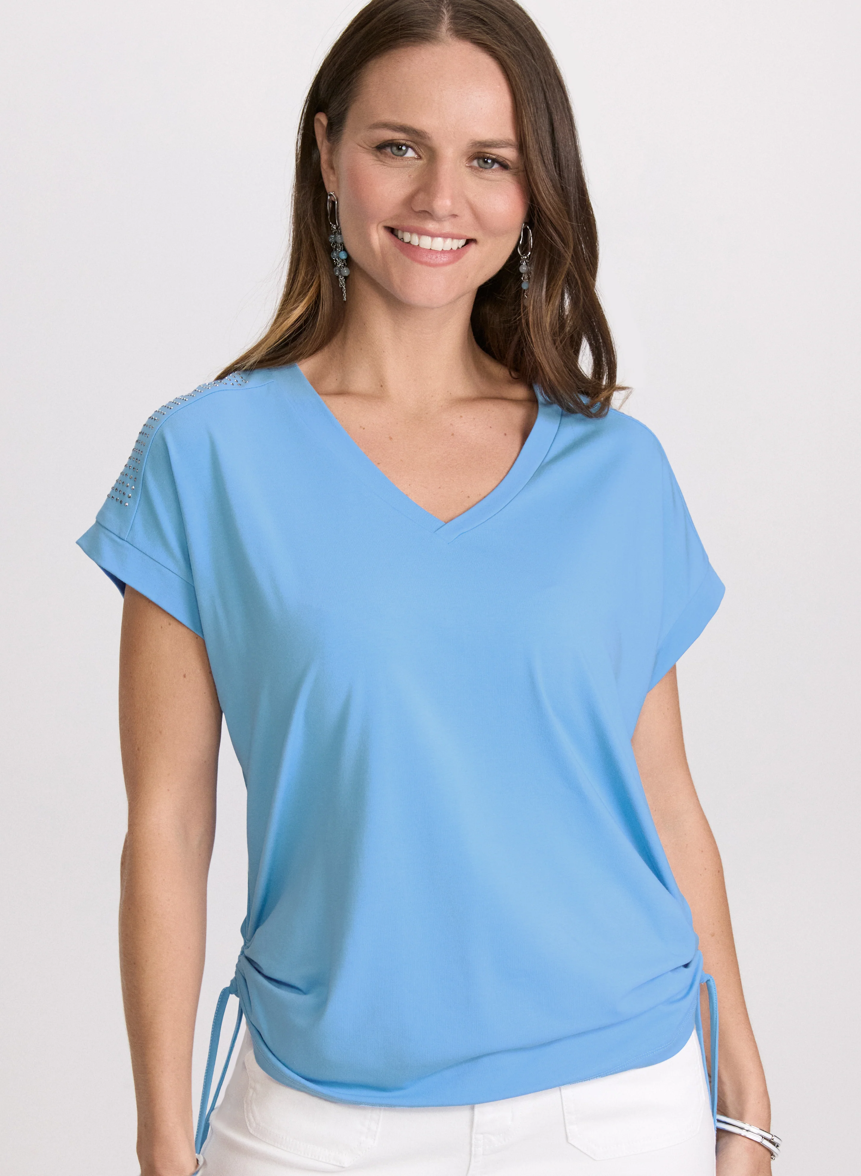 Ruched Rhinestone Detail T-Shirt
