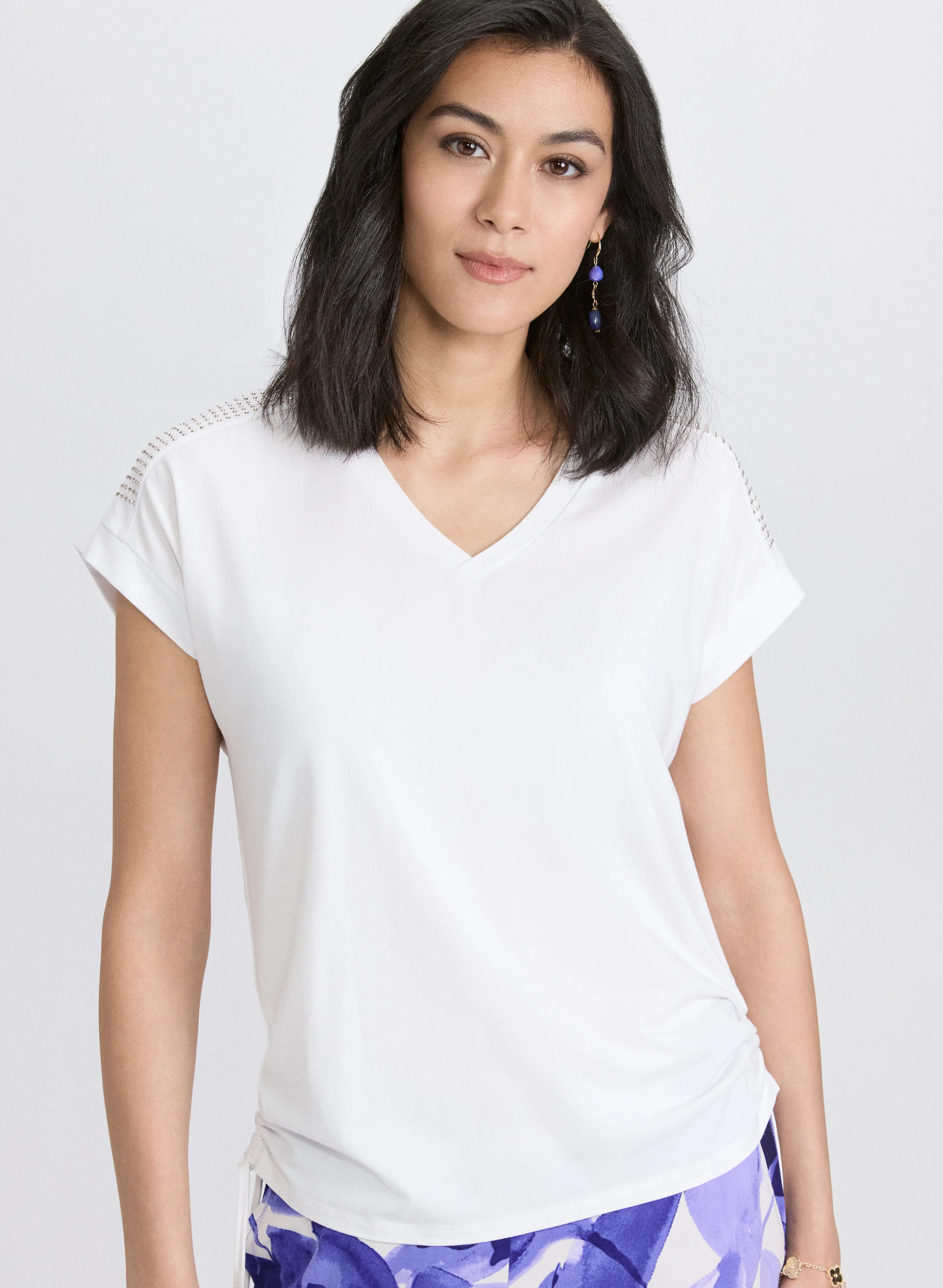 Ruched Rhinestone Detail T-Shirt