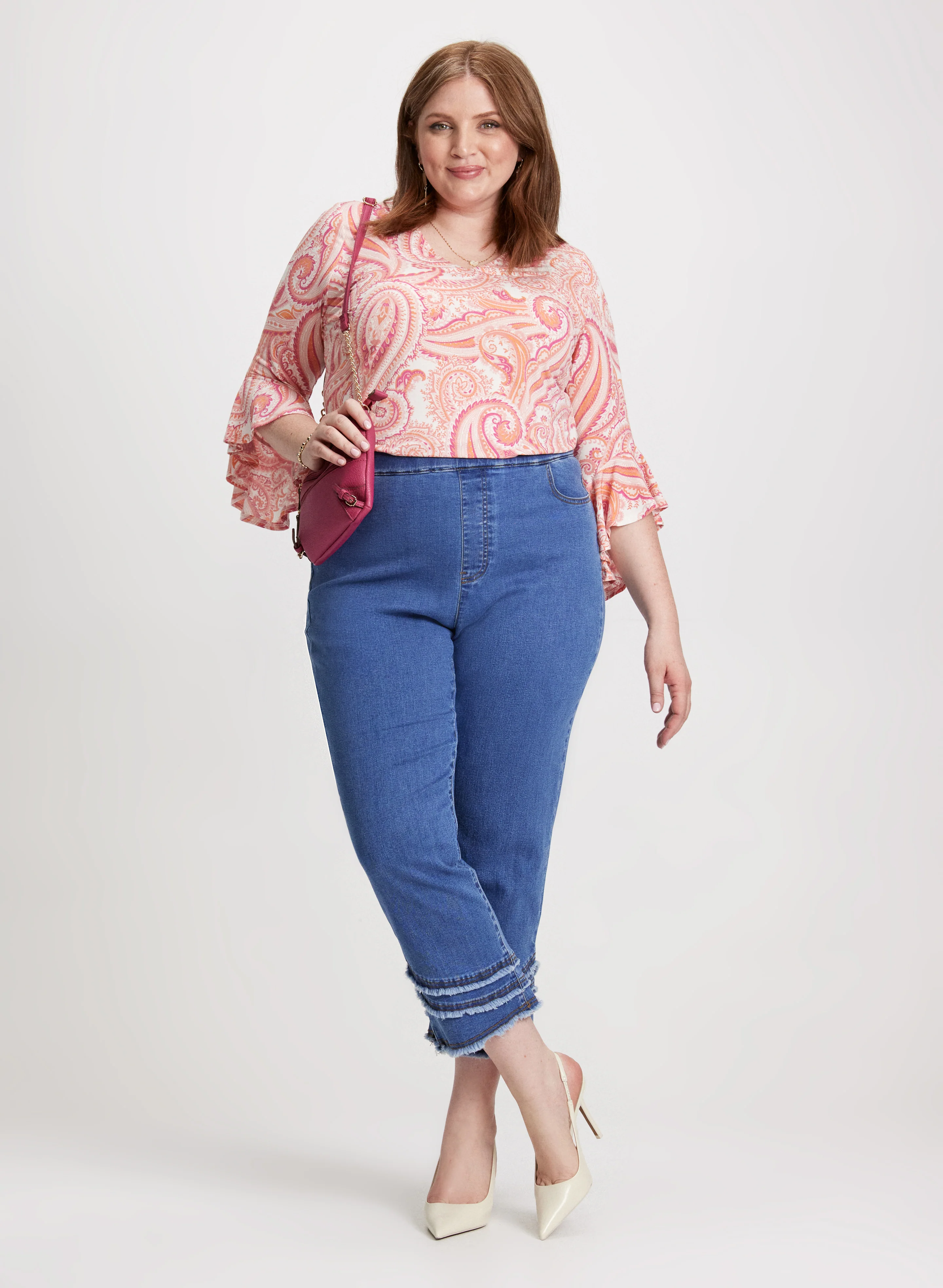 Ruffled Paisley Top & Frayed Capri Jeans