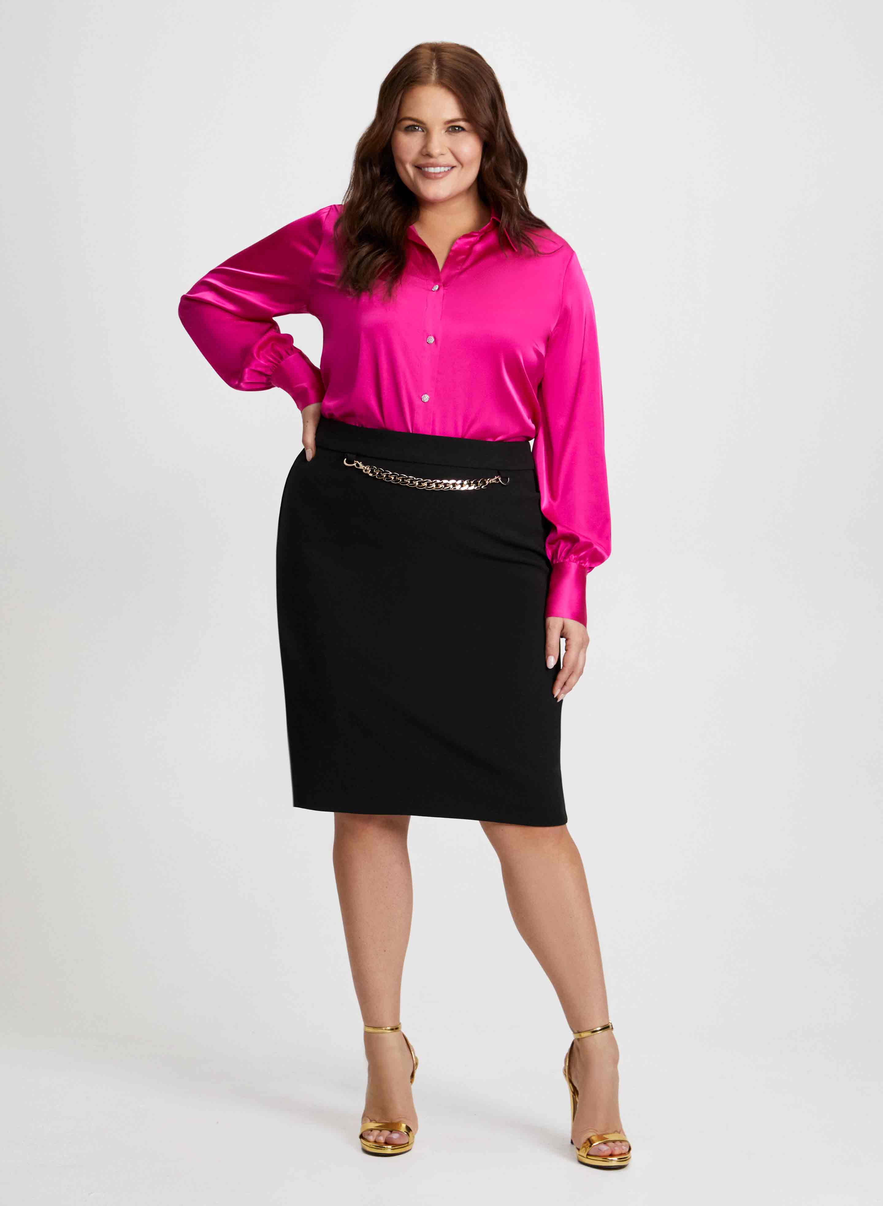 Satin Blouse & Chain Link Pencil Skirt