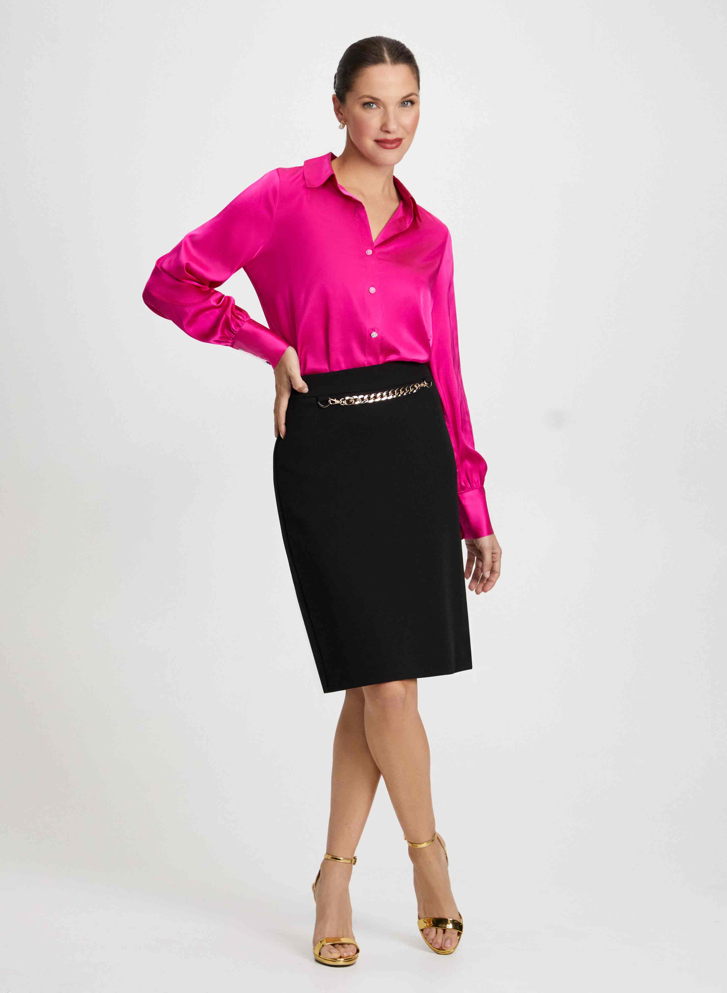 Satin Blouse & Chain Link Pencil Skirt